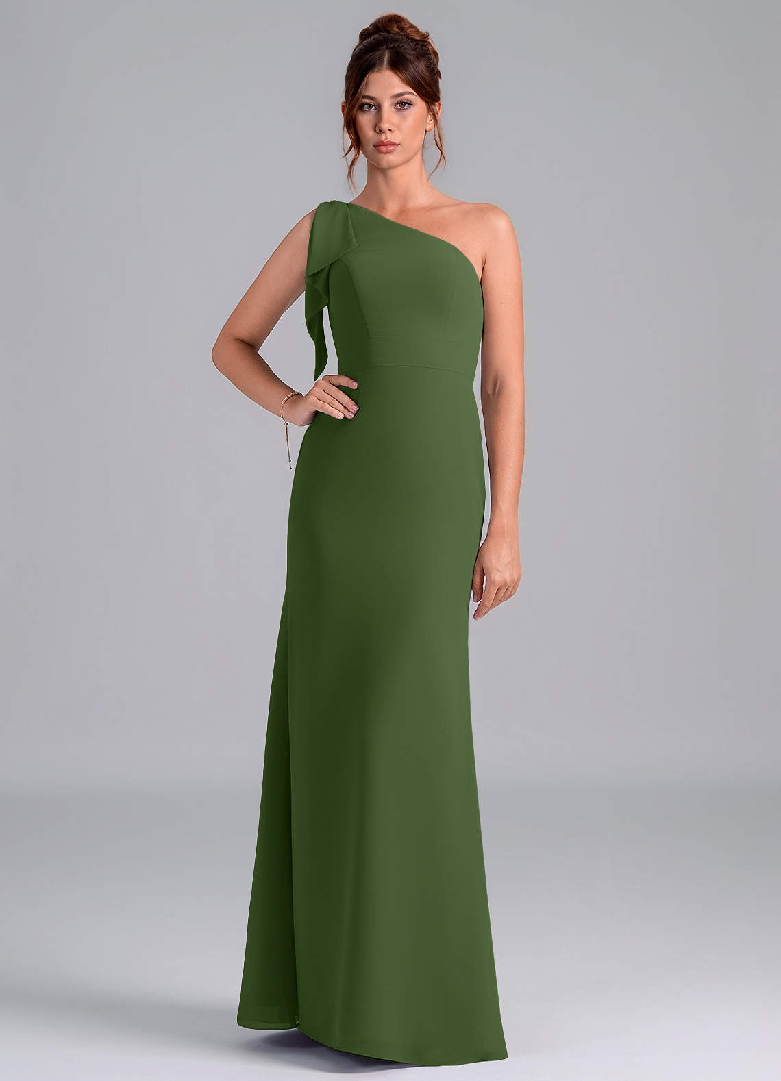 Azazie Rinna Jurken voor bruidsmeisjes Jurk van Chiffon met Zeemeermin One-Shoulder Olijf image1