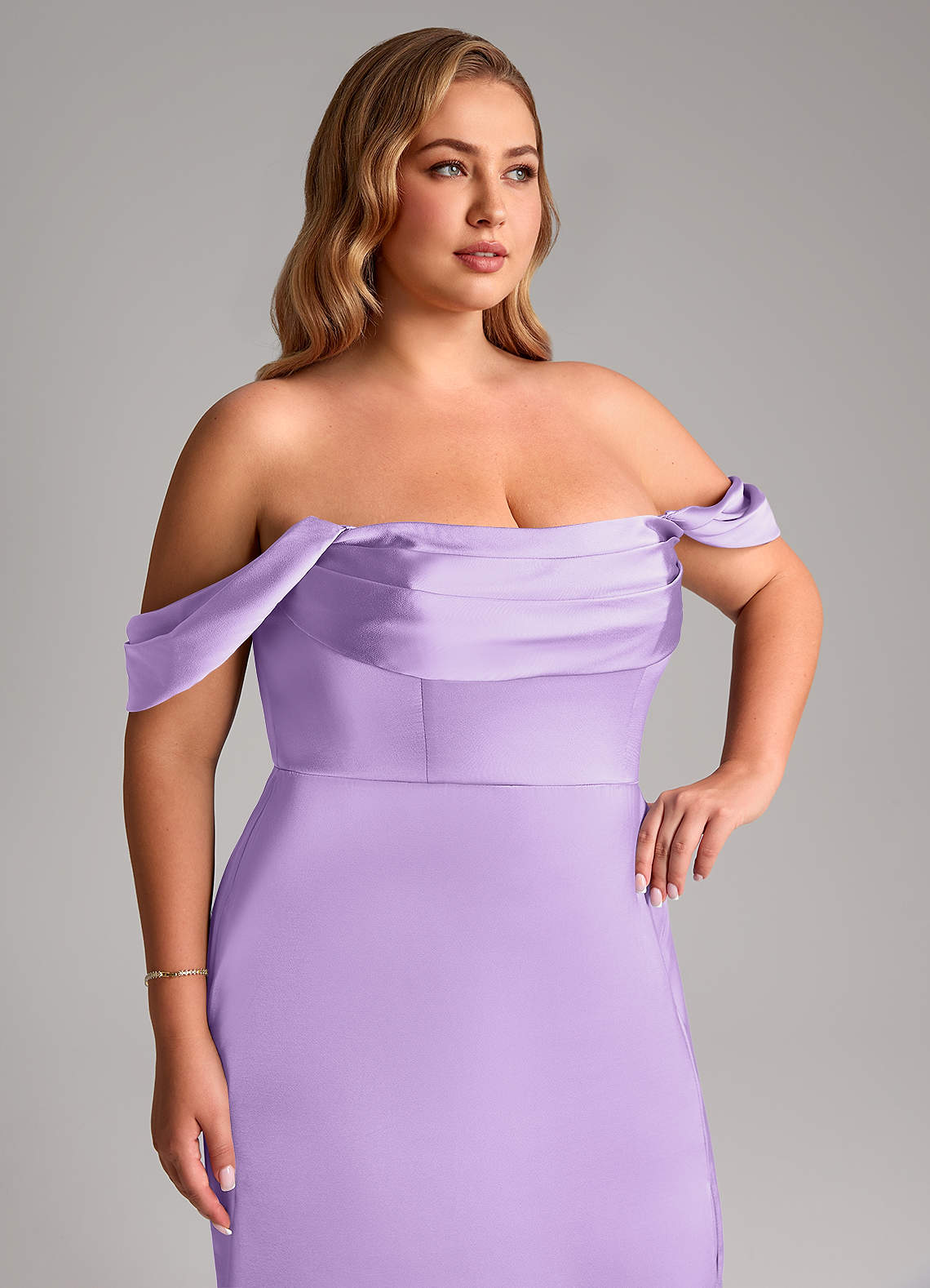 Azazie Saige Bridesmaid Dresses Lilac Sheath Off the Shoulder Stretch Satin Dress image13