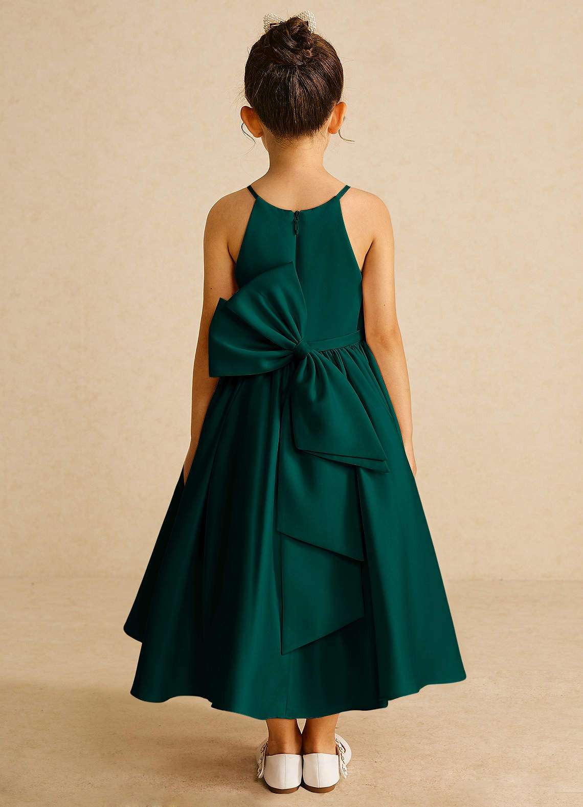 Azazie Sunray Flower Girl Dresses Pine A-Line Spaghetti Strap Matte Satin Dress image1