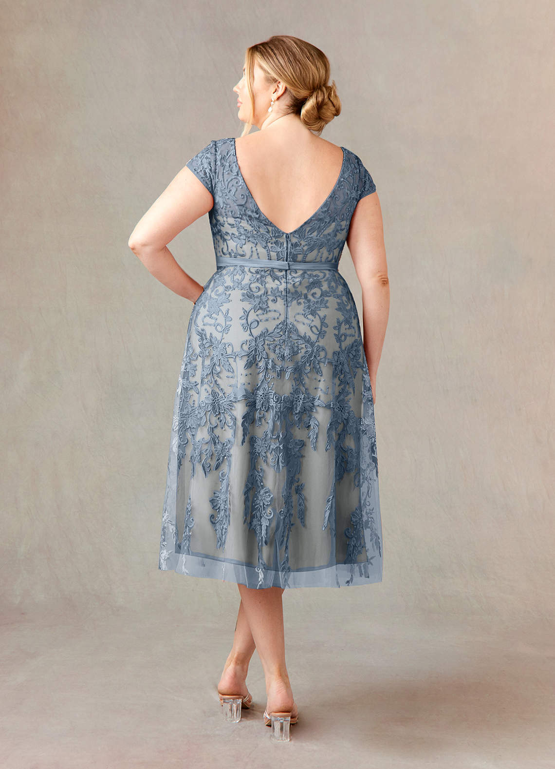 Azazie Sanna Dusty Blue Champagne A-Line Scoop Lace Tulle Dress