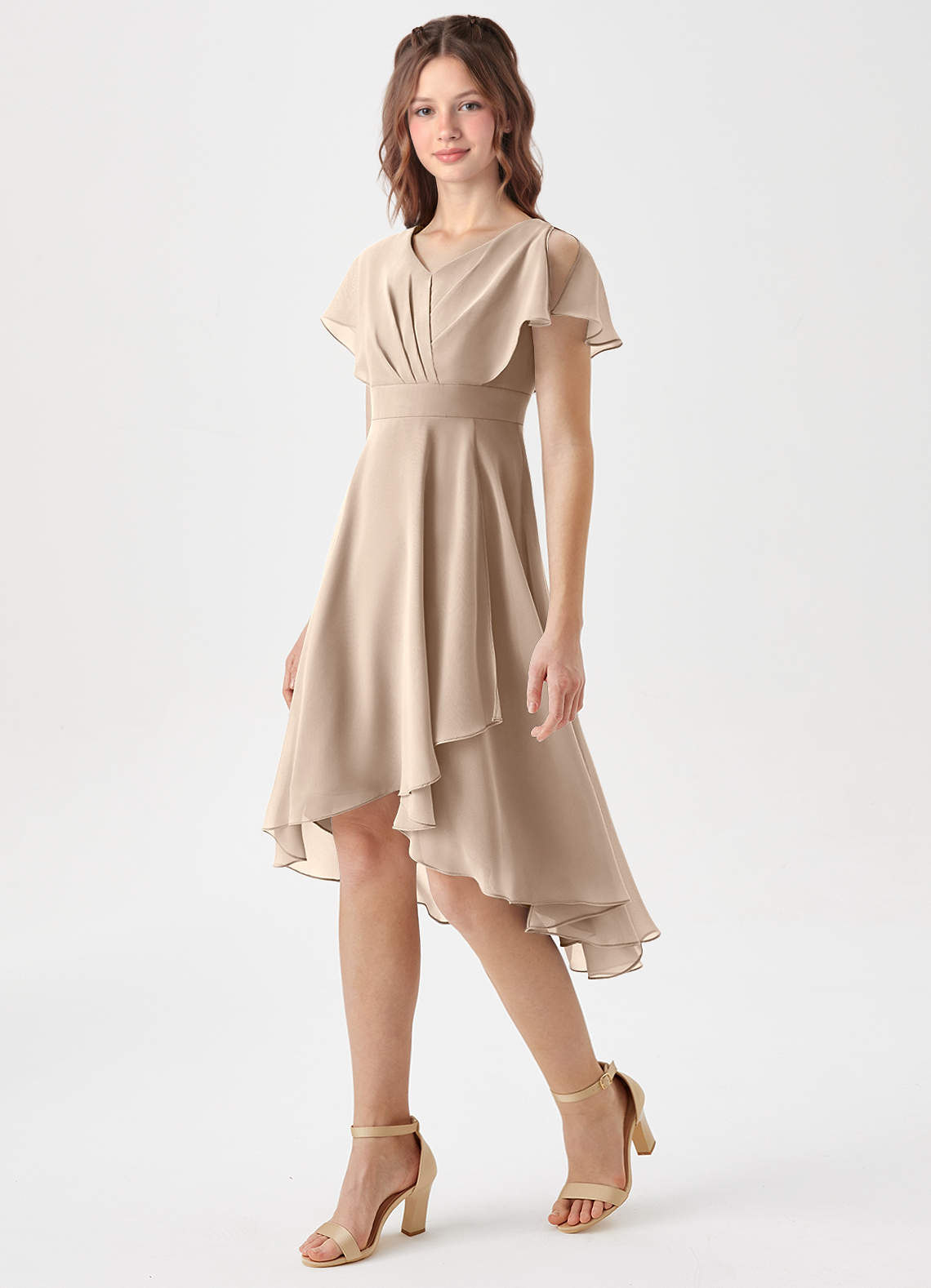 Azazie Graciela Junior Taupe A-Line Pleated Chiffon Dress image1