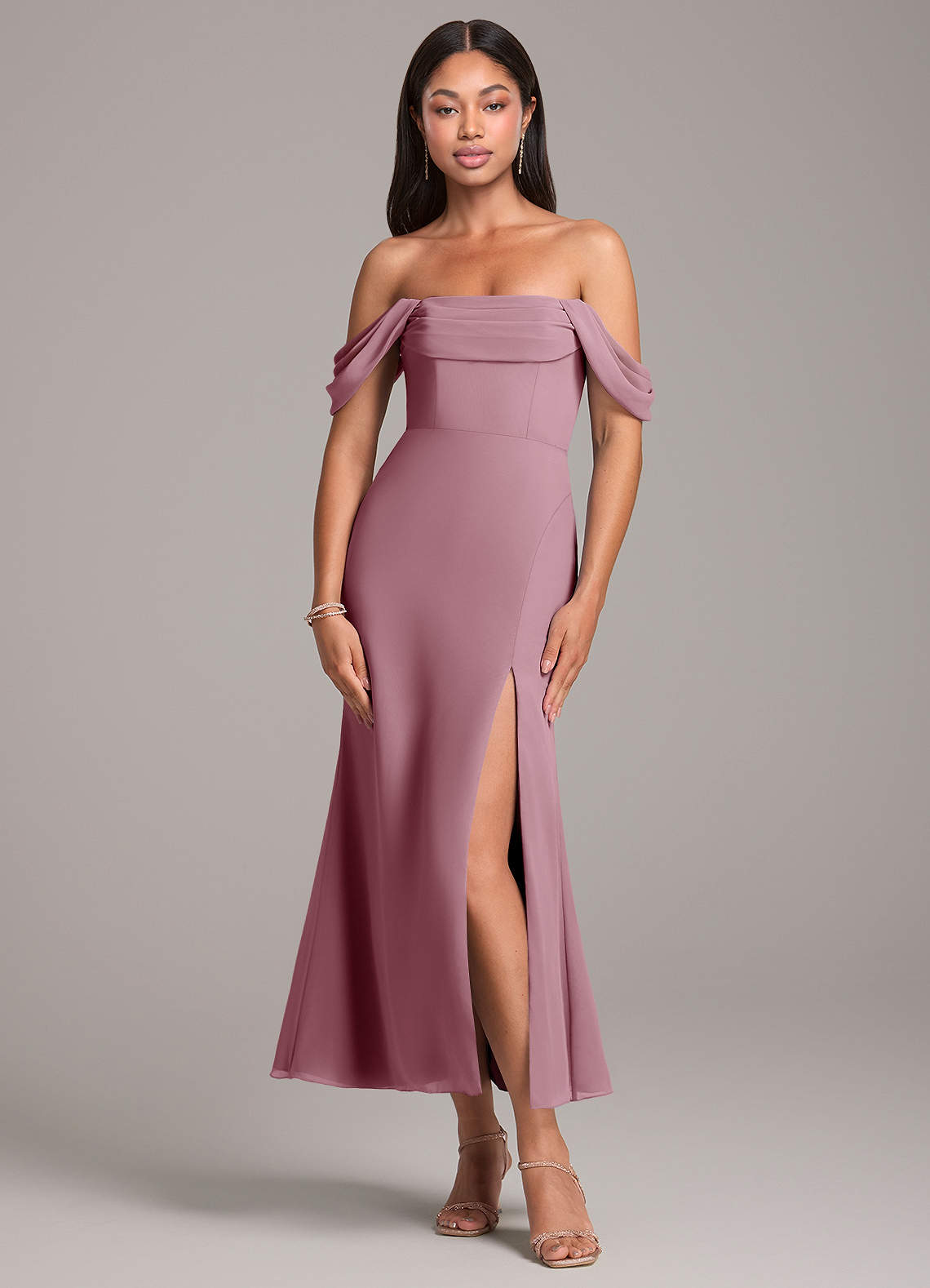 Azazie Saige Bridesmaid Dresses Vintage Mauve Sheath Off the Shoulder Chiffon Convertible Dress image1