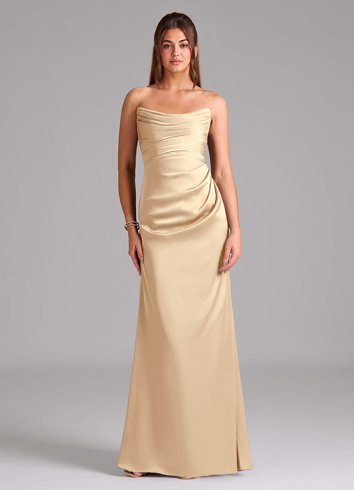 Azazie Mermaid Scoop Neck Floor-Length Stretch Satin Bridesmaid Dresses - Champagne