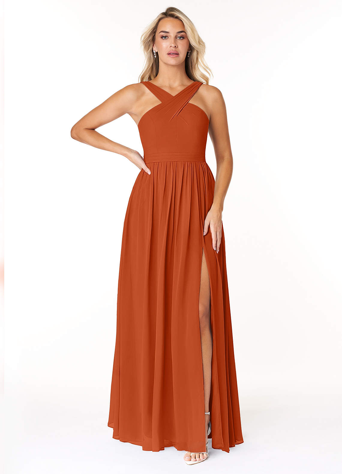 Azazie Elvira Robes de demoiselle d'honneur Robe Trapèze en Mousseline de soie Plissée Orange Brûlée image1
