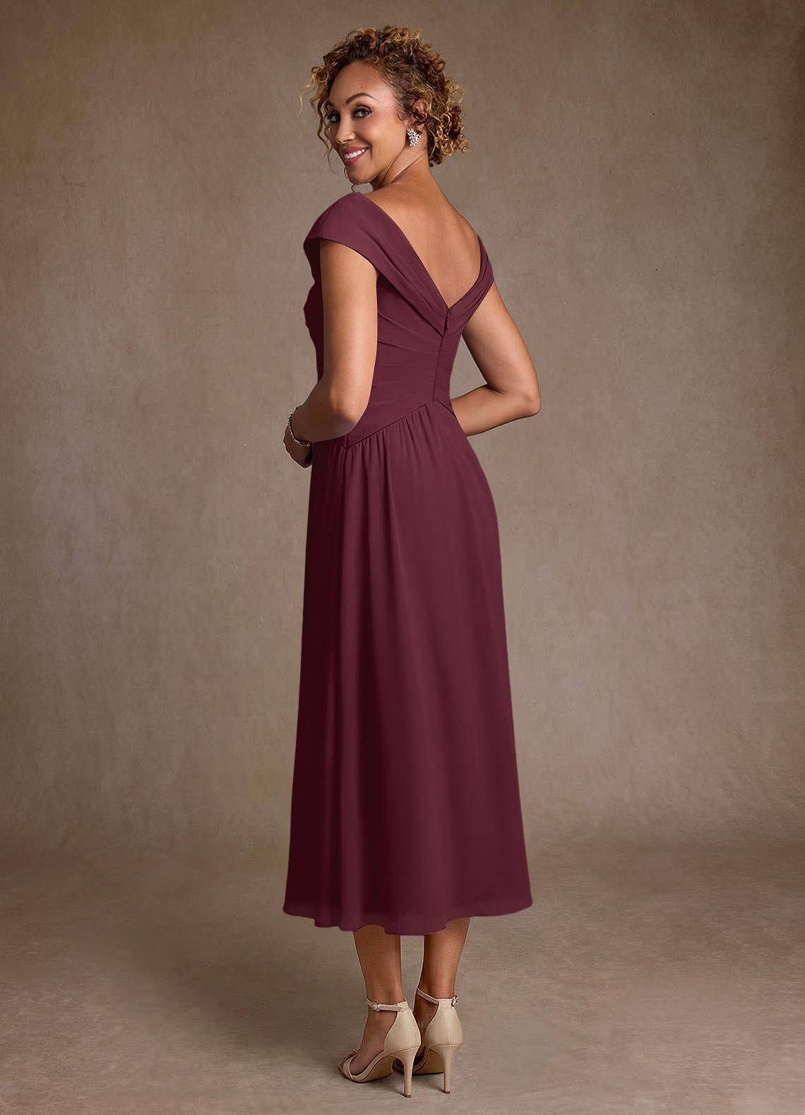 Azazie Mirta Vestidos para mãe da noiva Vestido Cabernet de Esgotamento Floral de Linha A com Plissado image1