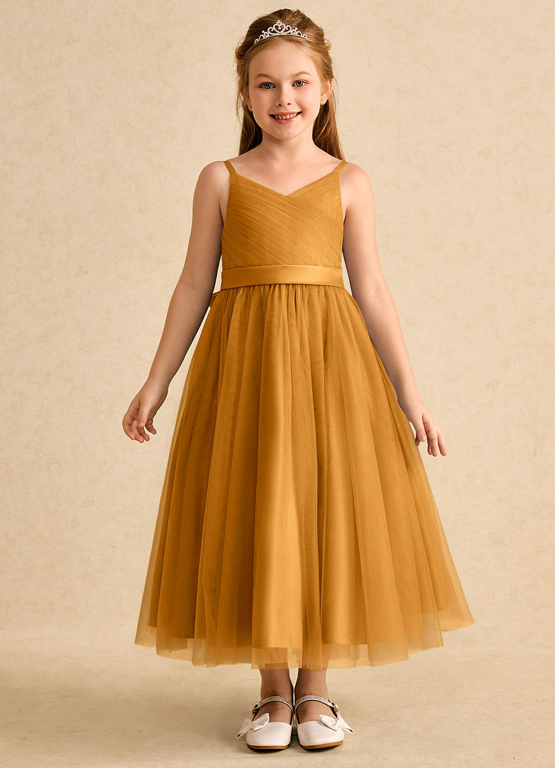 Azazie Patootie vestidos de niña de las flores Vestido de Caramelo de Tul de Corte En A con Tirante Espagueti image1