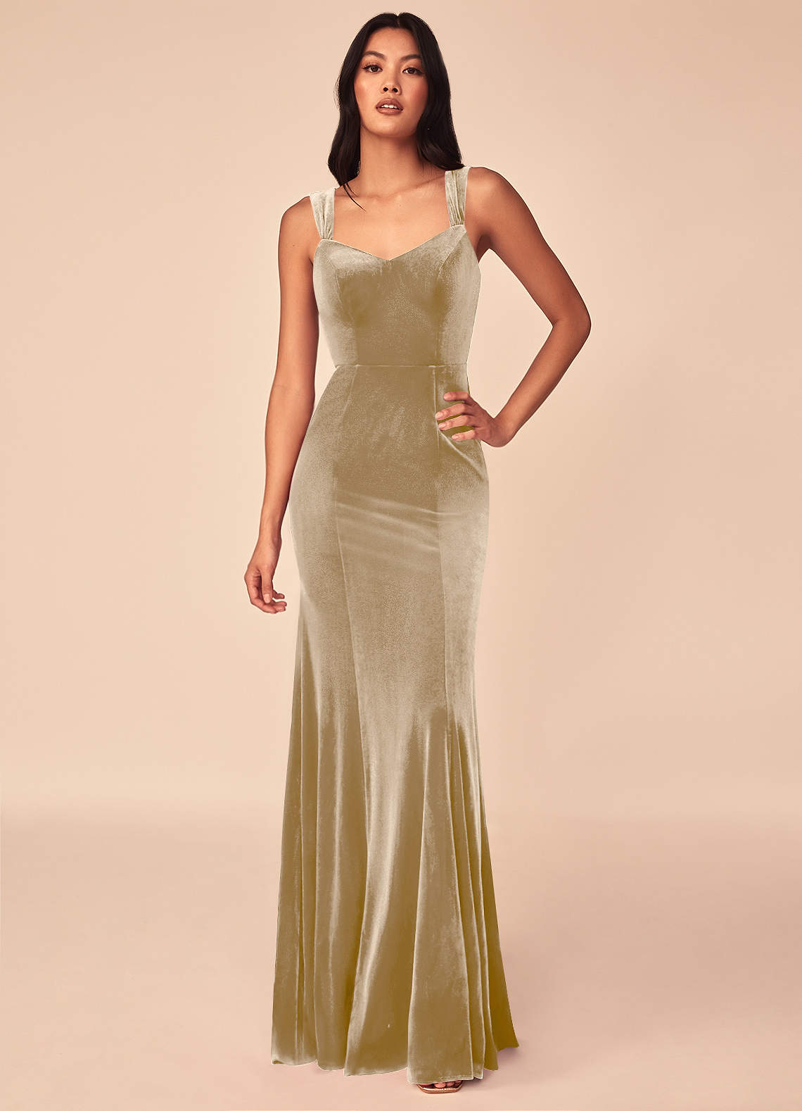 Azazie Lanessa Bridesmaid Dresses Golden Tan Mermaid V-Neck Keyhole Back Velvet Dress image1