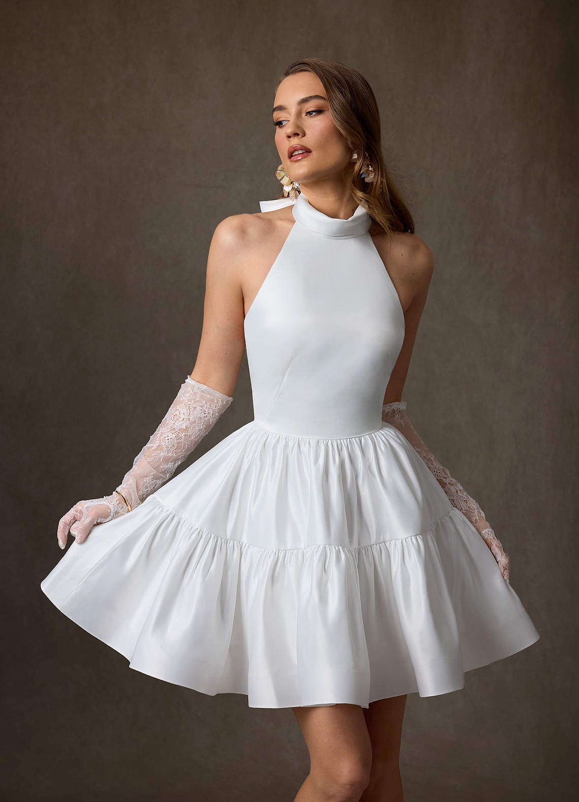 Azazie Malini Wedding Dresses Diamond White A-Line High Neck Satin Dress image2