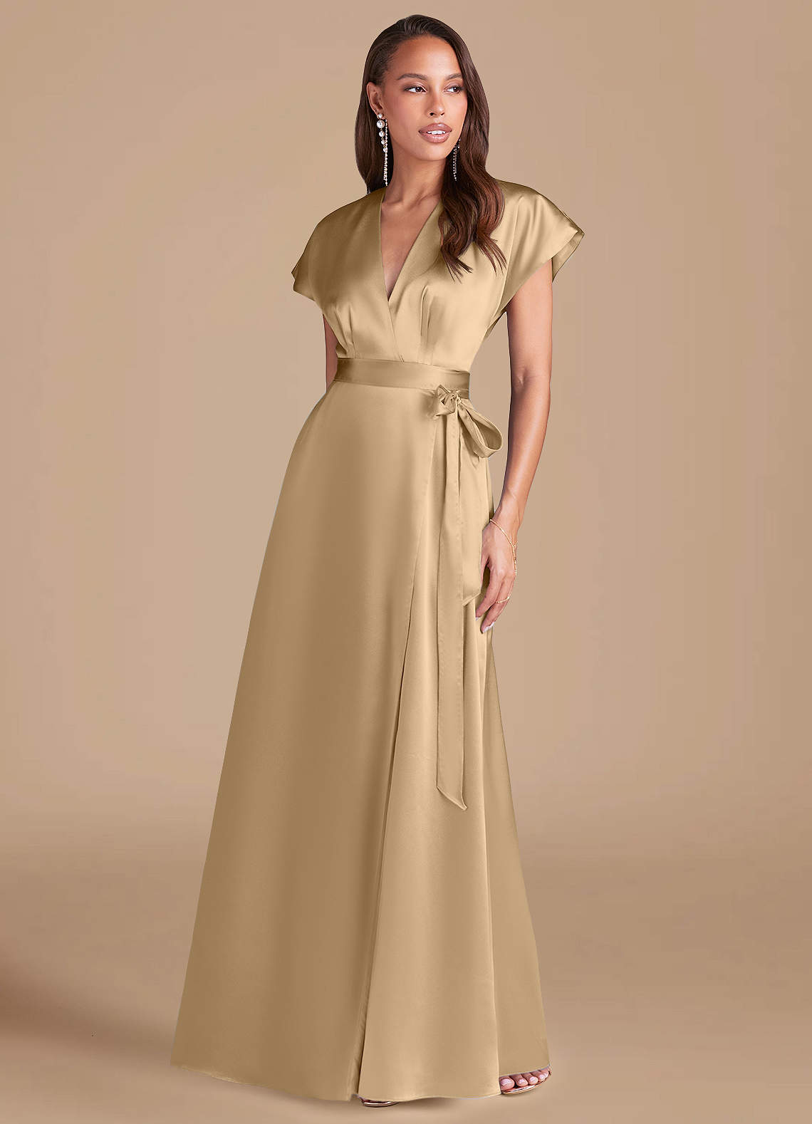 Azazie Nico Vestidos de damas de honor Vestido de Champán de Satén Metálico de Corte en A con Plisado image1