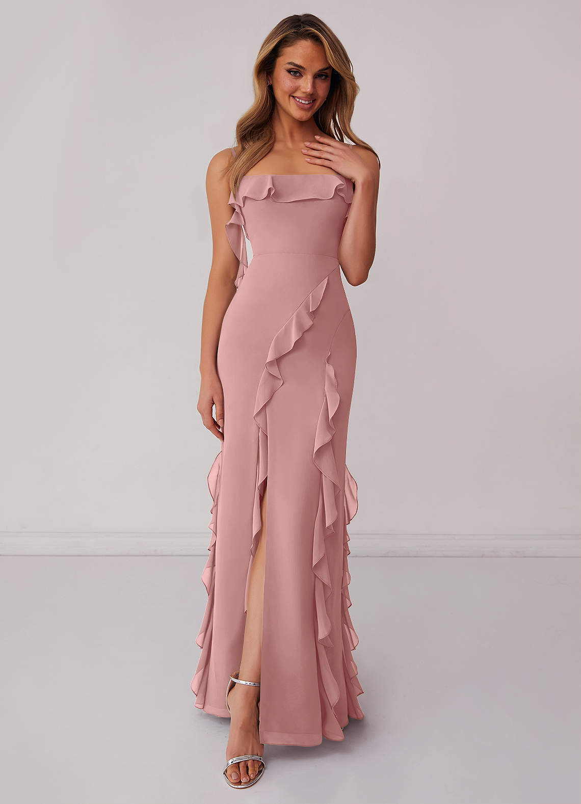 Barbie ♥ Azazie Bridesmaid Dresses Dusty Rose Sheath Bow Chiffon Dress image1