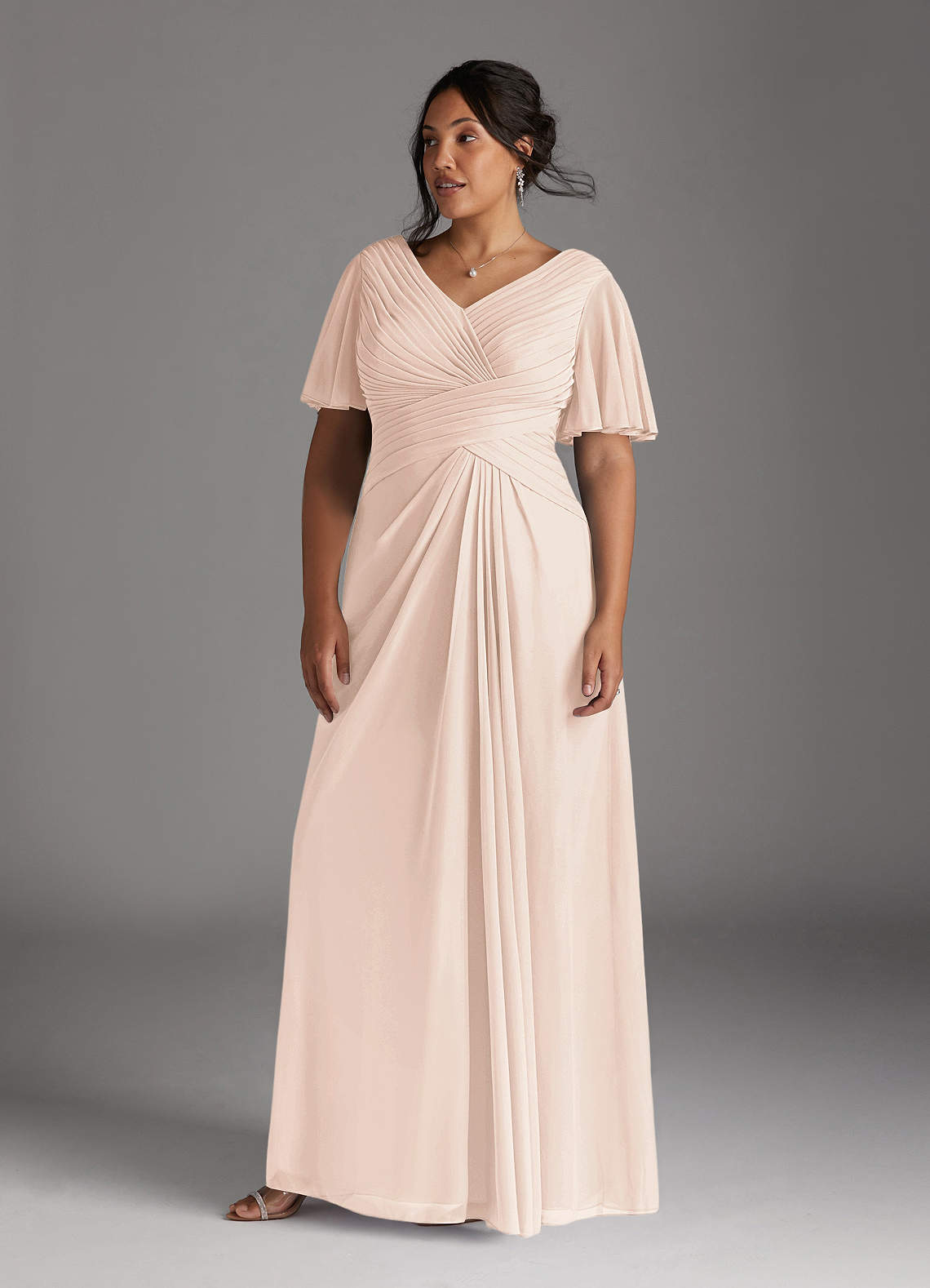 Azazie Emmeline Mother of the Bride Dresses Blushing Pink A-Line V-Neck Pleated Mesh Dress image5