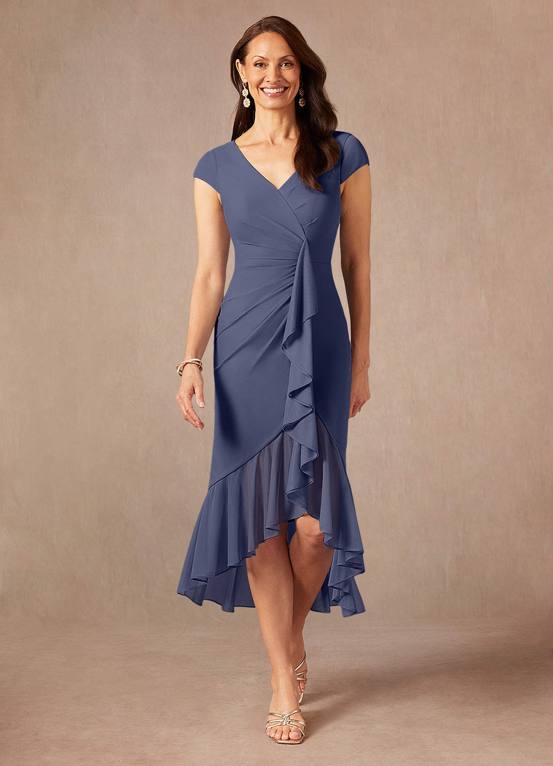 Azazie Renetta Abiti per la Madre della Sposa Abito Tubino in Maglia con Scollo a V a Pieghe Stormy image1