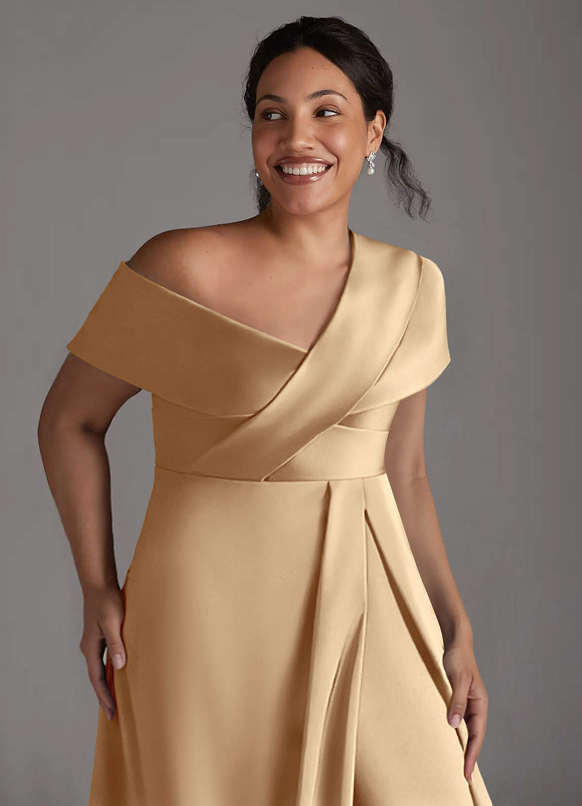 Azazie Milton Mother of the Bride Dresses Champagne A-Line Pleated Stretch Satin Dress image12