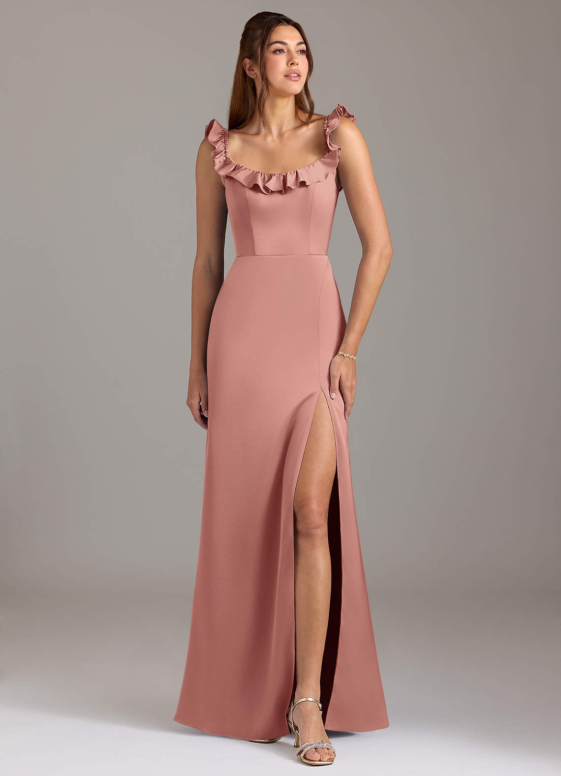 Azazie Callie Bridesmaid Dresses Rosette A-Line Ruched Stretch Satin Convertible Dress image1
