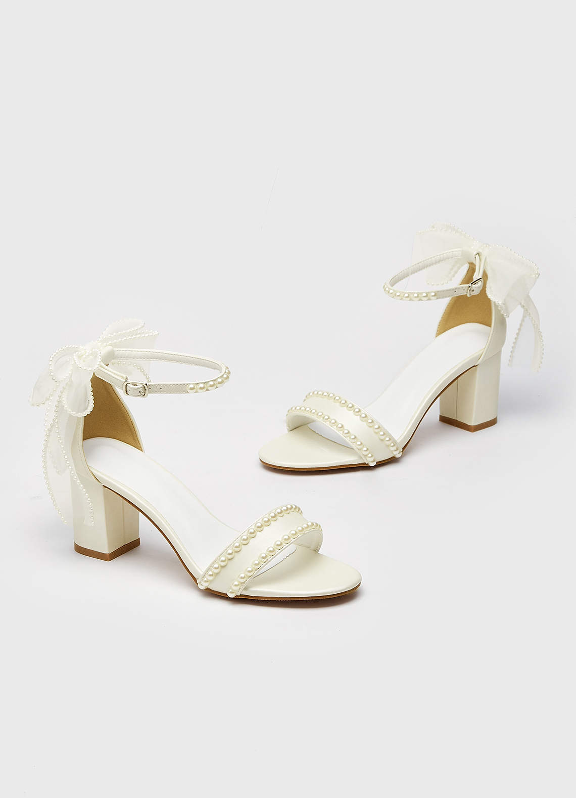 front Mini Pearl and Bow Block Heel Sandals