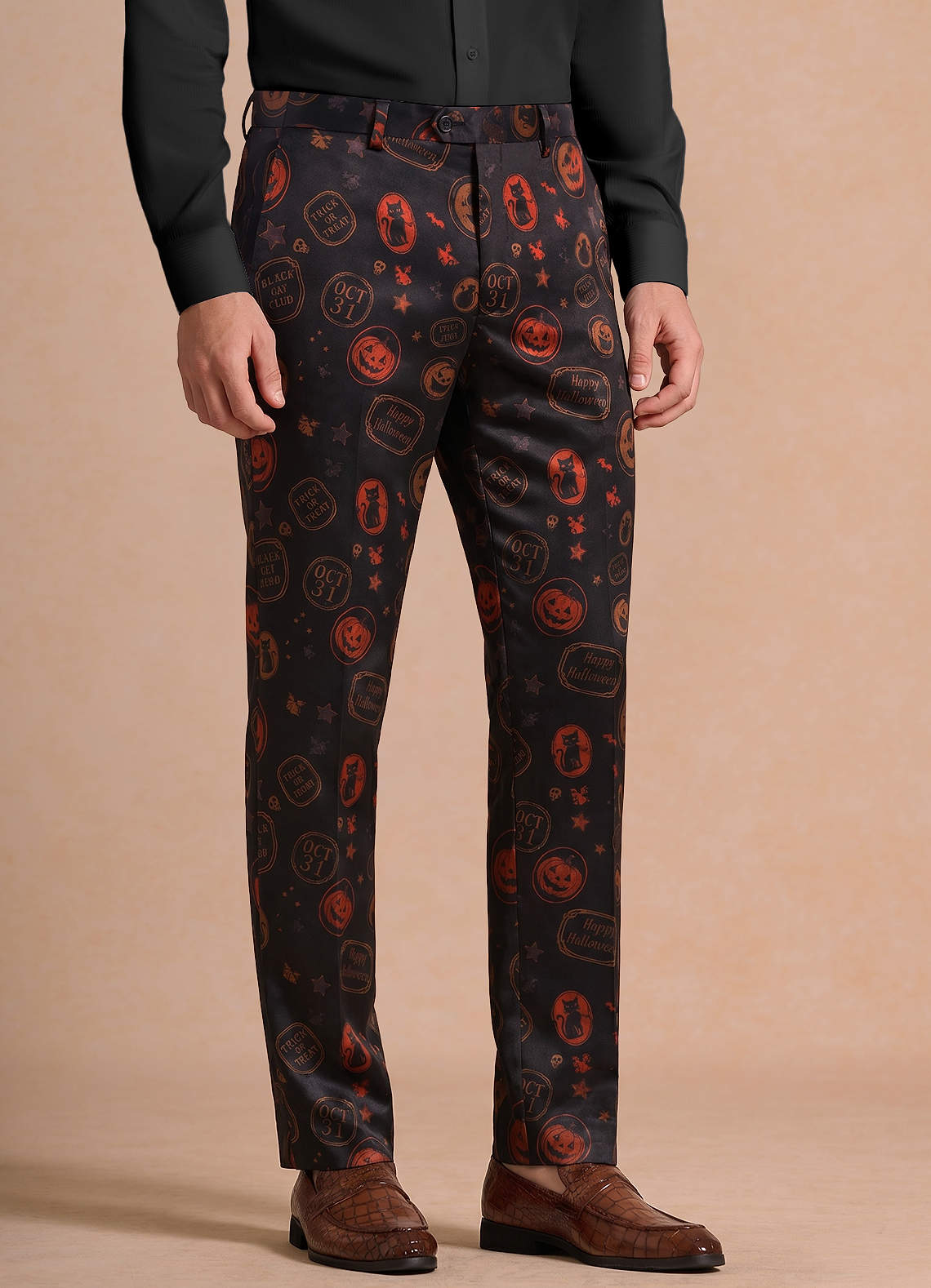 front Caleb Black Vintage Halloween Print Dress Pants