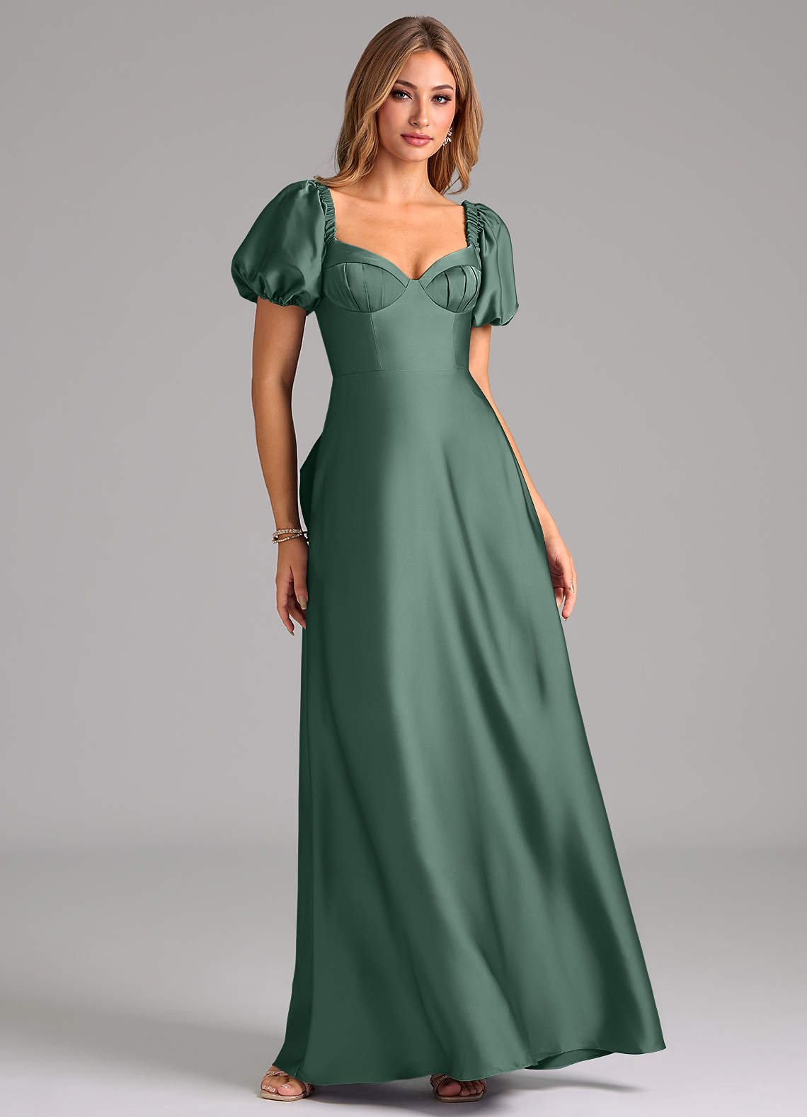 Azazie Fatima Bridesmaid Dresses Eucalyptus A-Line Pleated Stretch Satin Dress image1