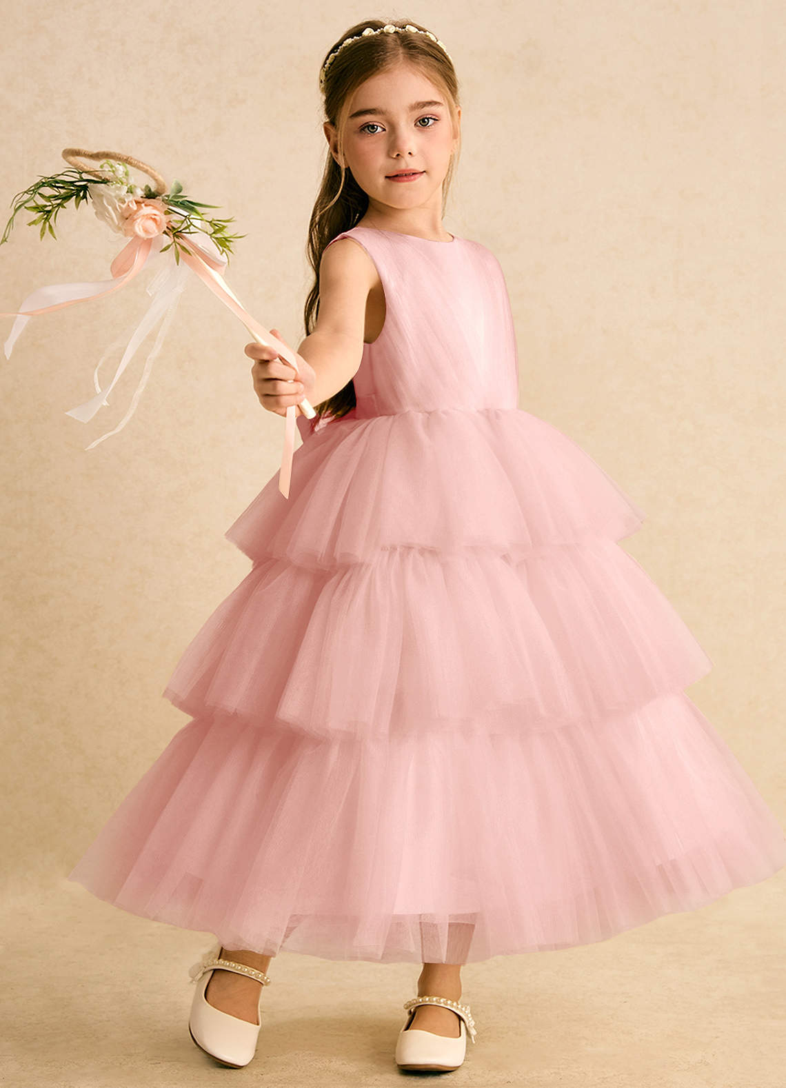 Azazie Marshmallow Flower Girl Dresses Rosette Ball-Gown Bow Tulle Dress image1