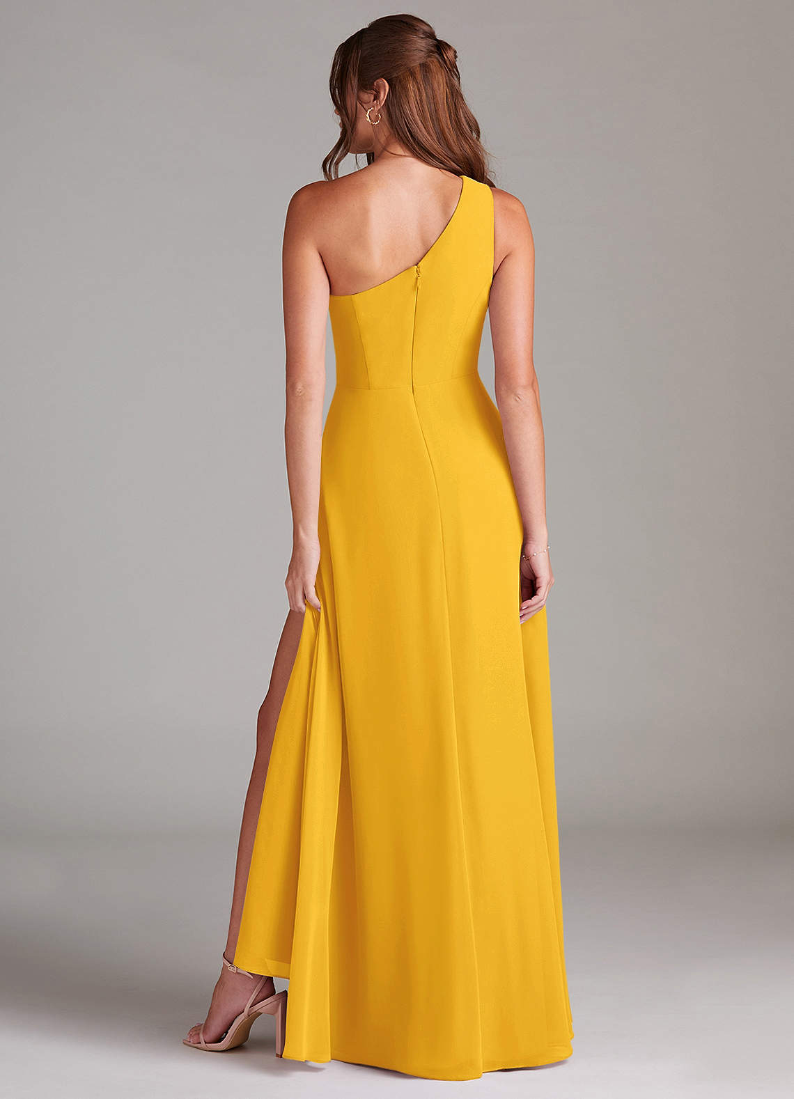 Azazie Brooke Bridesmaid Dresses Marigold A-Line One Shoulder Chiffon Dress image6