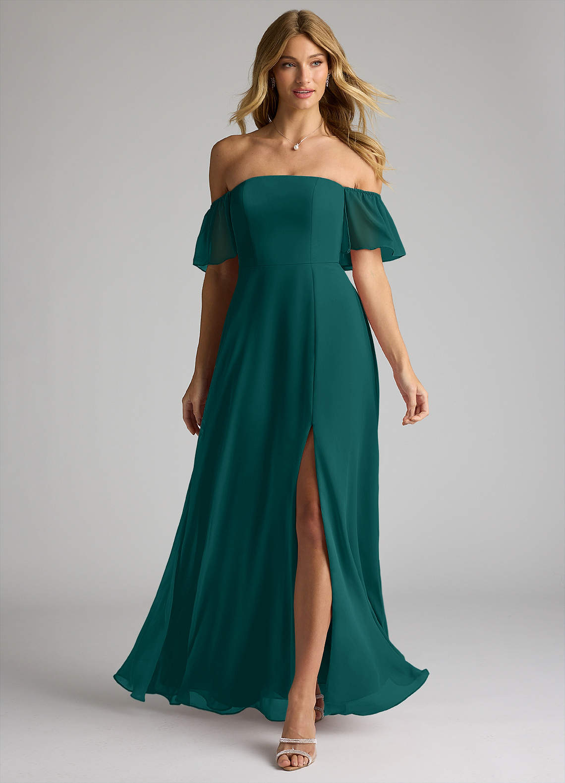 Azazie Sue Brautjungfernkleider Wandelbar A-Linie Schulterfrei Chiffon Kleid Pfau image1