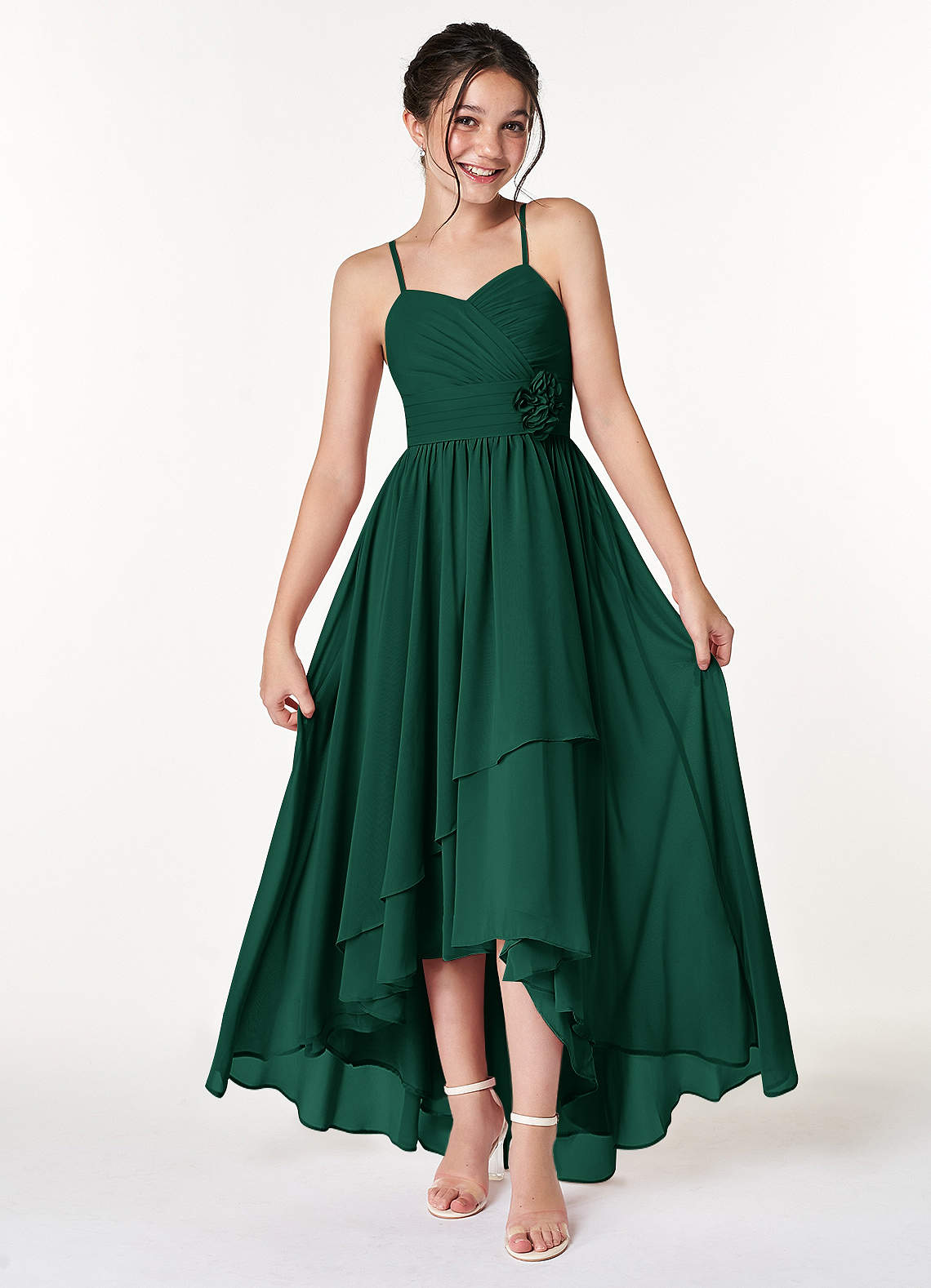 Azazie Catalina Junior Emerald A-Line Ruched Chiffon Dress image1