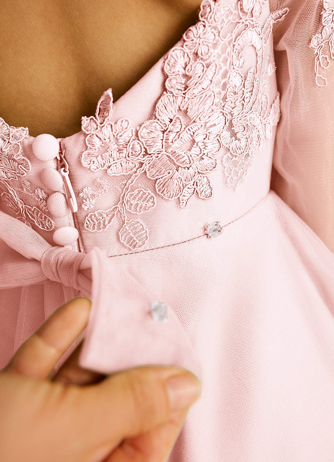 Azazie Precious Flower Girl Dresses Blushing Pink A-Line Lace Tulle Dress image5