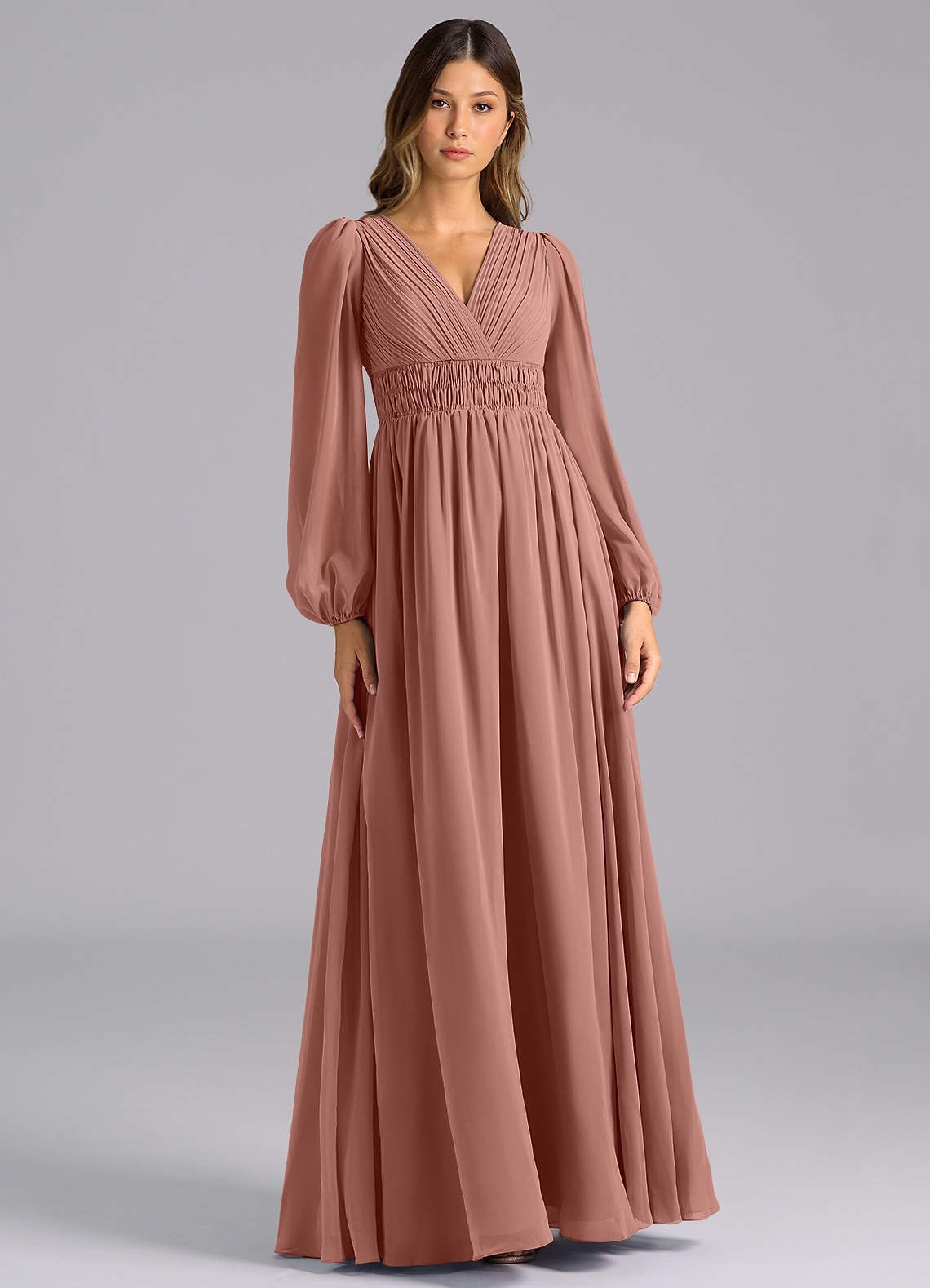 Azazie Palerma Robes de demoiselle d'honneur Robe Trapèze en Mousseline de soie Manche longue Rose De Cèdre image1