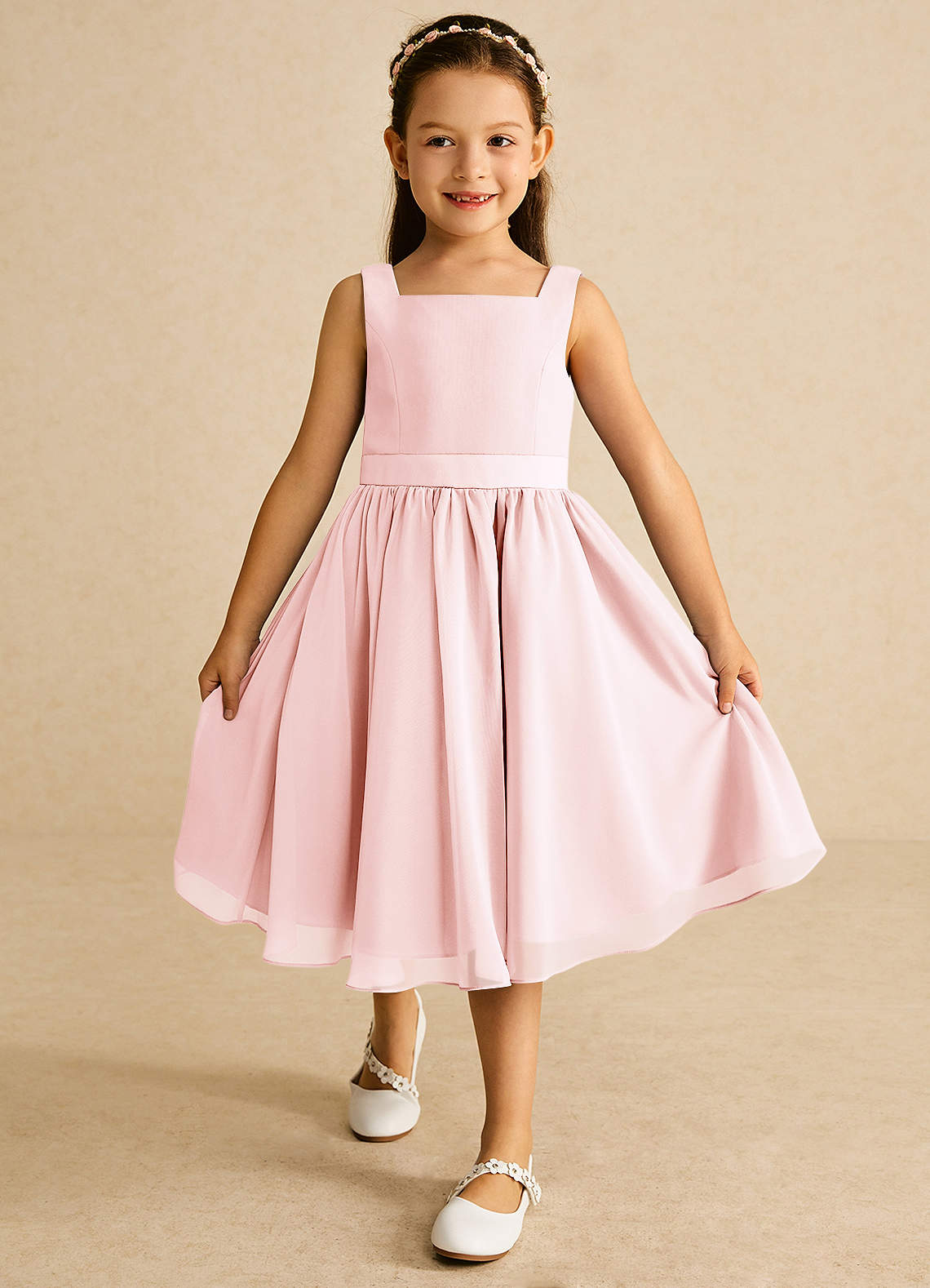 Azazie Ari Flower Girl Dresses Blushing Pink A-Line Sleeveless Chiffon Dress image1