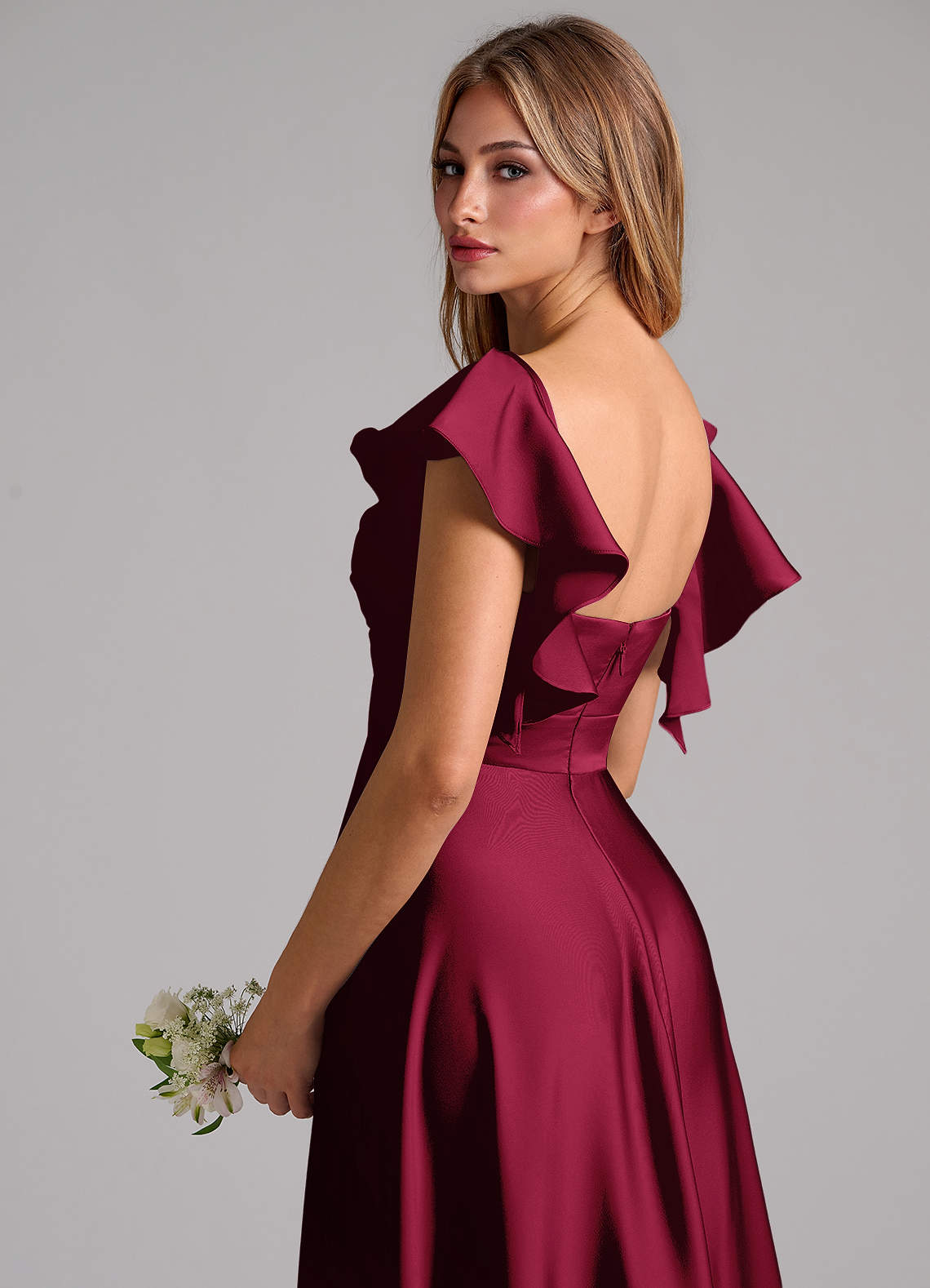 Azazie Leilani Bridesmaid Dresses Burgundy A-Line Ruched Stretch Satin Dress image8