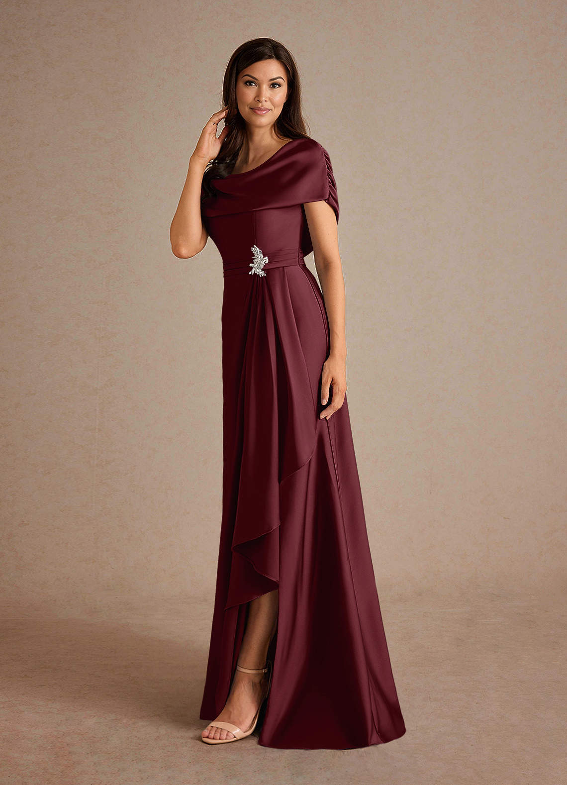 Azazie Branford Mother of the Bride Dresses Cabernet A-Line Pleated Stretch Satin Dress image1