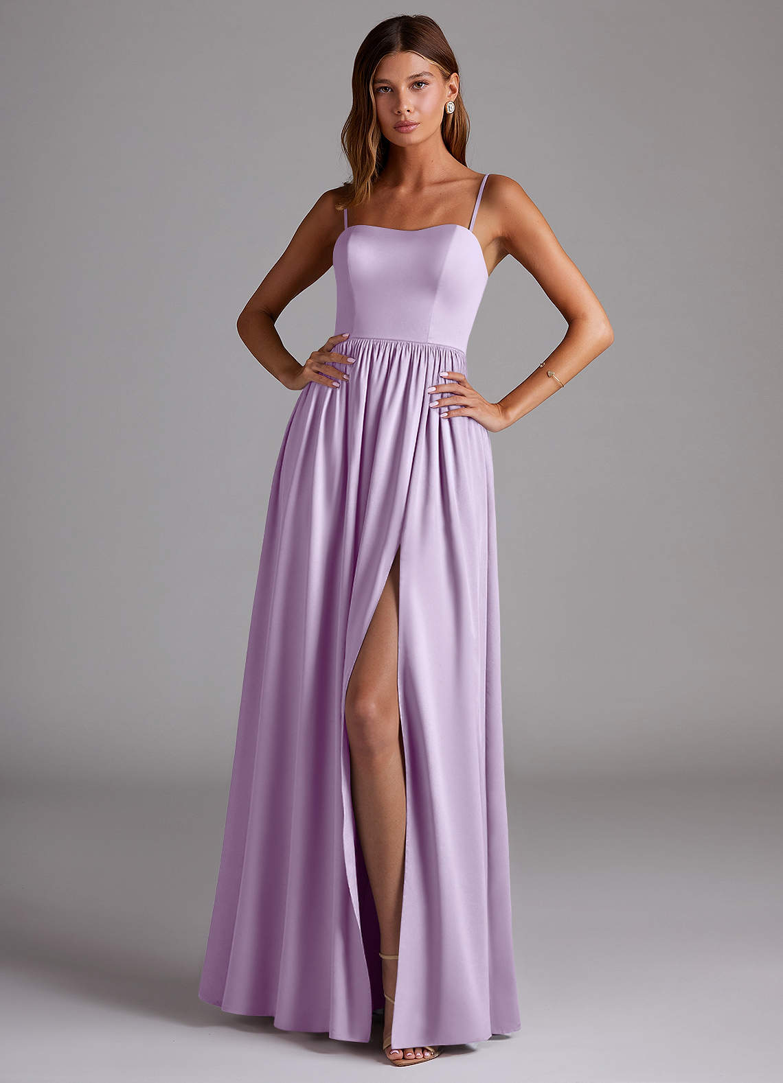 Azazie Calianna At-home Try On Dresses Dusty Blue A-Line Off the Shoulder Stretch Satin Convertible Dress image1
