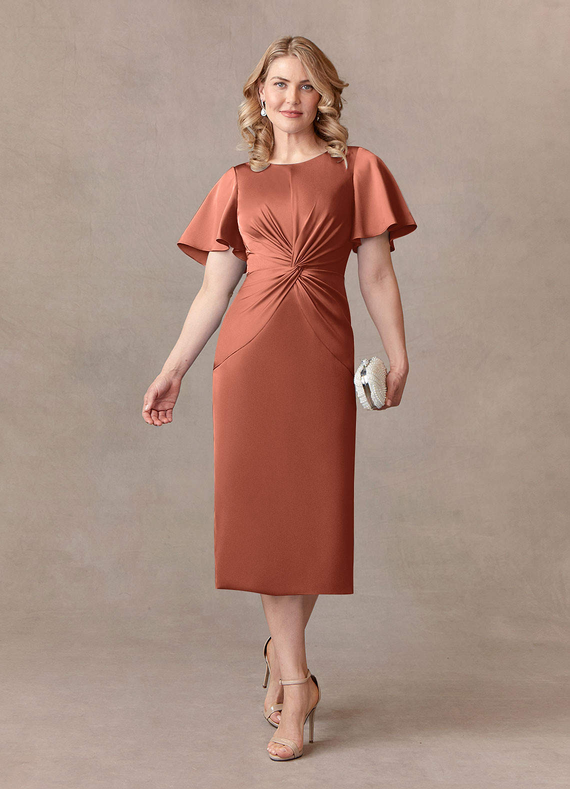 Azazie Everlyn Mother of the Bride Dresses Clay Sheath Pleated Stretch Satin Dress image1