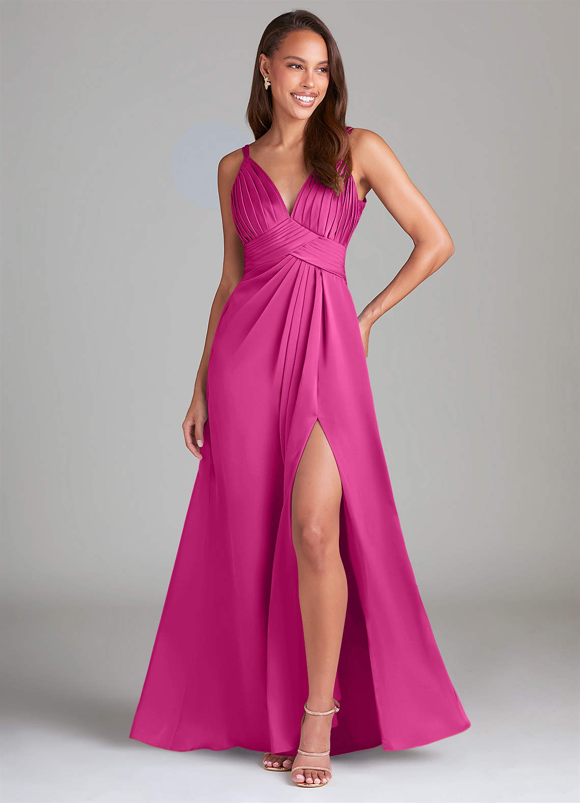 Azazie Maren Allure Jurken voor bruidsmeisjes Jurk van Stretch Satijn met A-Lijn Kant Fuchsia image1