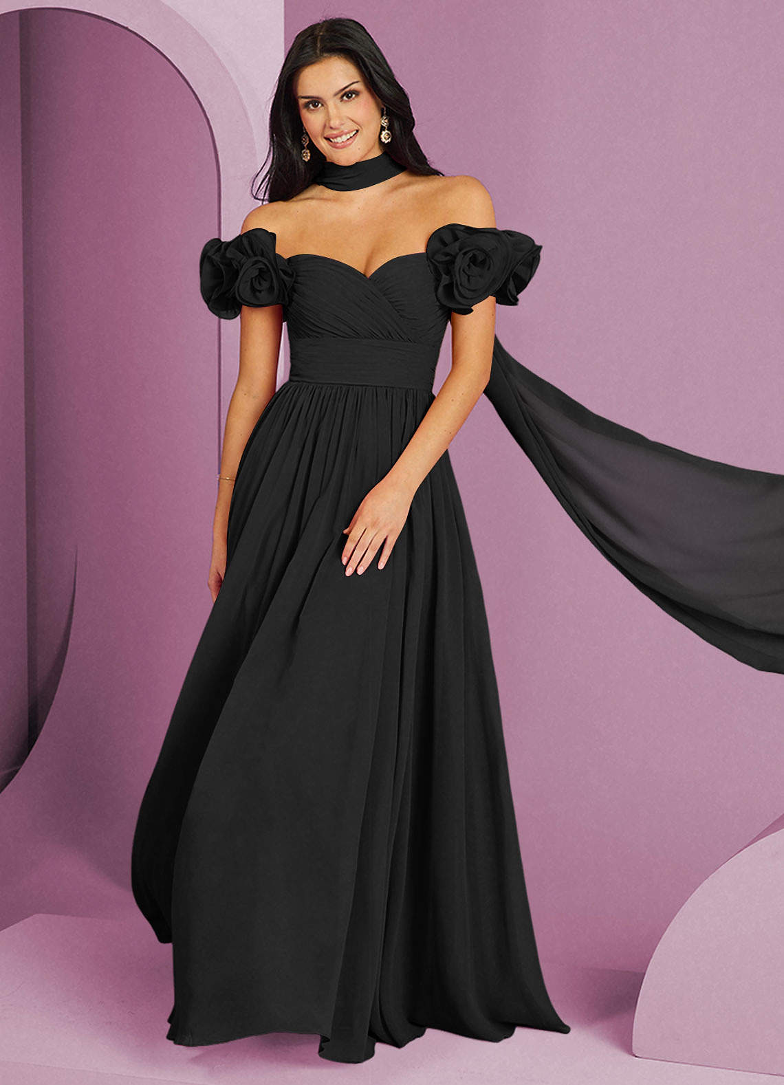 Barbie ♥ Azazie Brautjungfernkleider Wandelbar A-Linie Schulterfrei Chiffon Kleid Schwarz image1