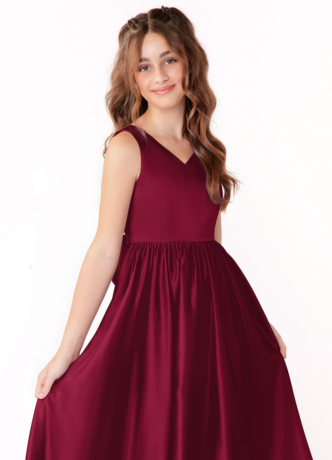 Azazie Hathaway Junior Burgundy A-Line Bow Stretch Satin Dress image4