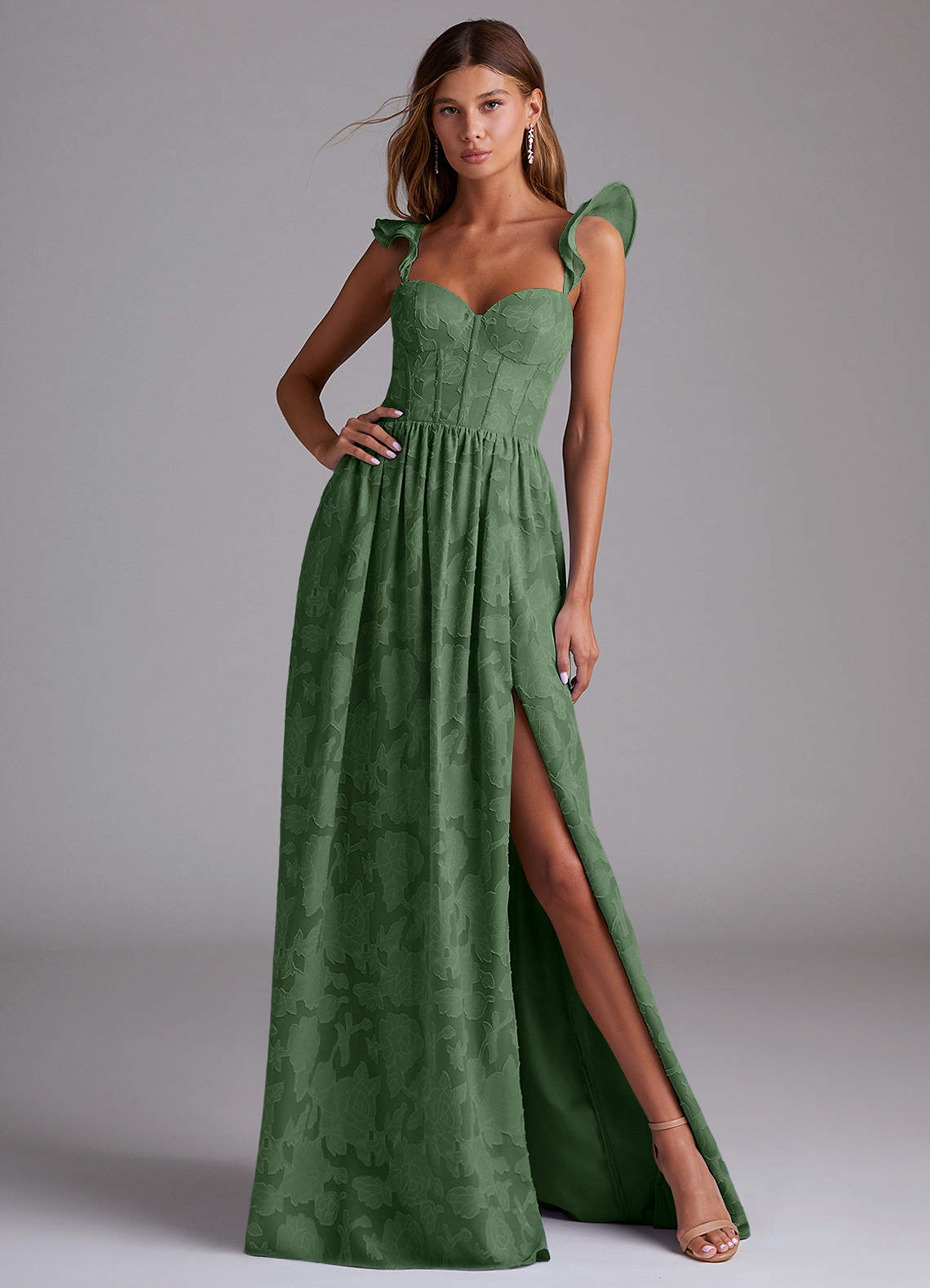 Azazie Denisse Brautjungfernkleider A-Linie Gestreift Blumen-Burnout Kleid Eukalyptus image1