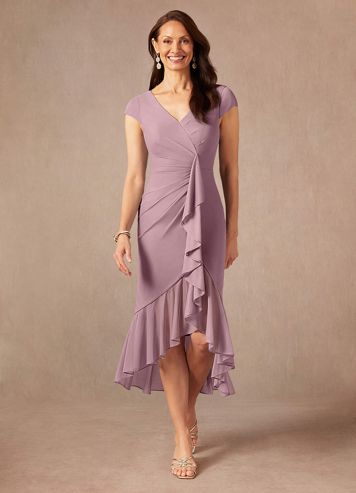 Azazie Renetta Mother of the Bride Dresses Dusty Rose Sheath V-Neck Pleated Mesh Dress image1