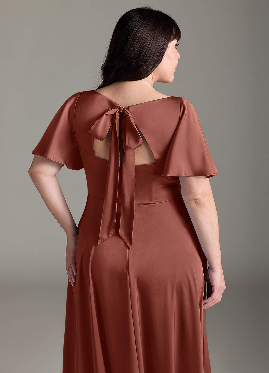 Azazie Kimber Bridesmaid Dresses Auburn A-Line Ruched Stretch Satin Dress image11
