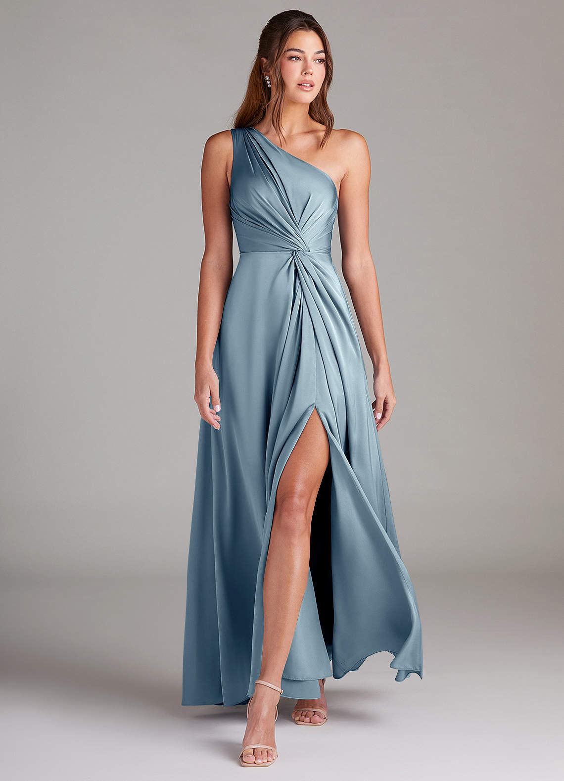 Azazie Brooke Bridesmaid Dresses Dusty Blue A-Line One Shoulder Stretch Satin Dress image2