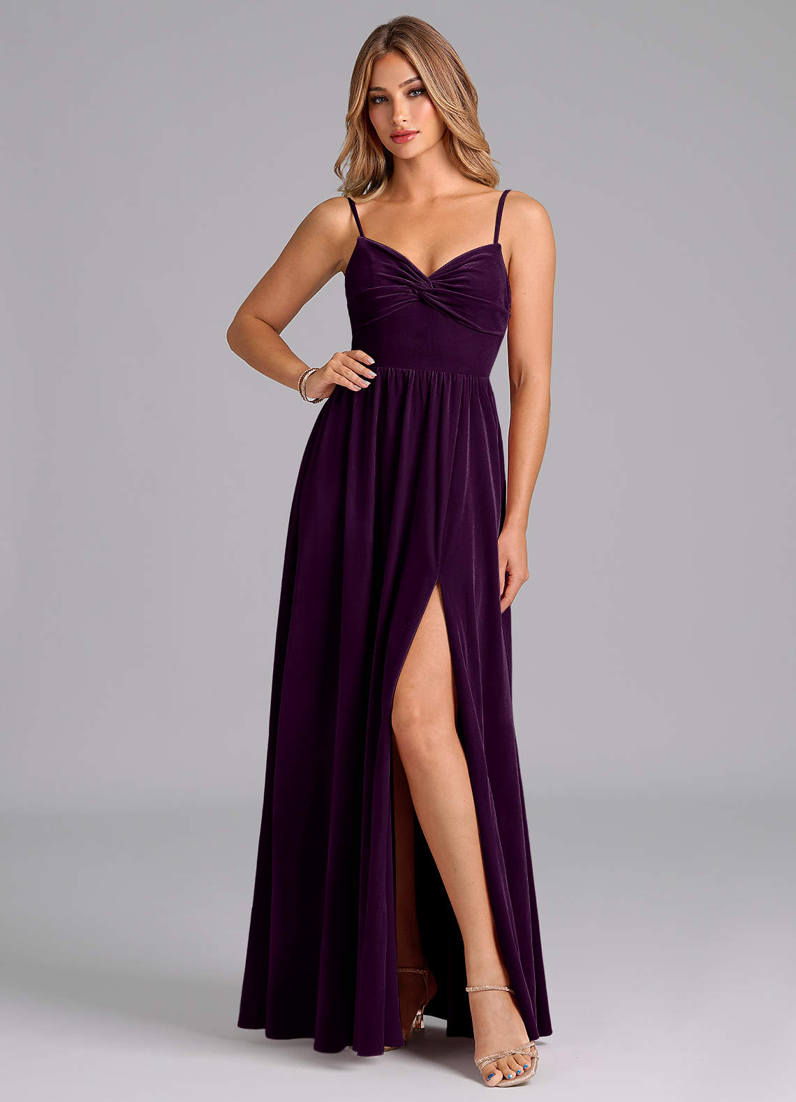 Azazie Zeya Bridesmaid Dresses Grape A-Line Pleated Velvet Dress image1