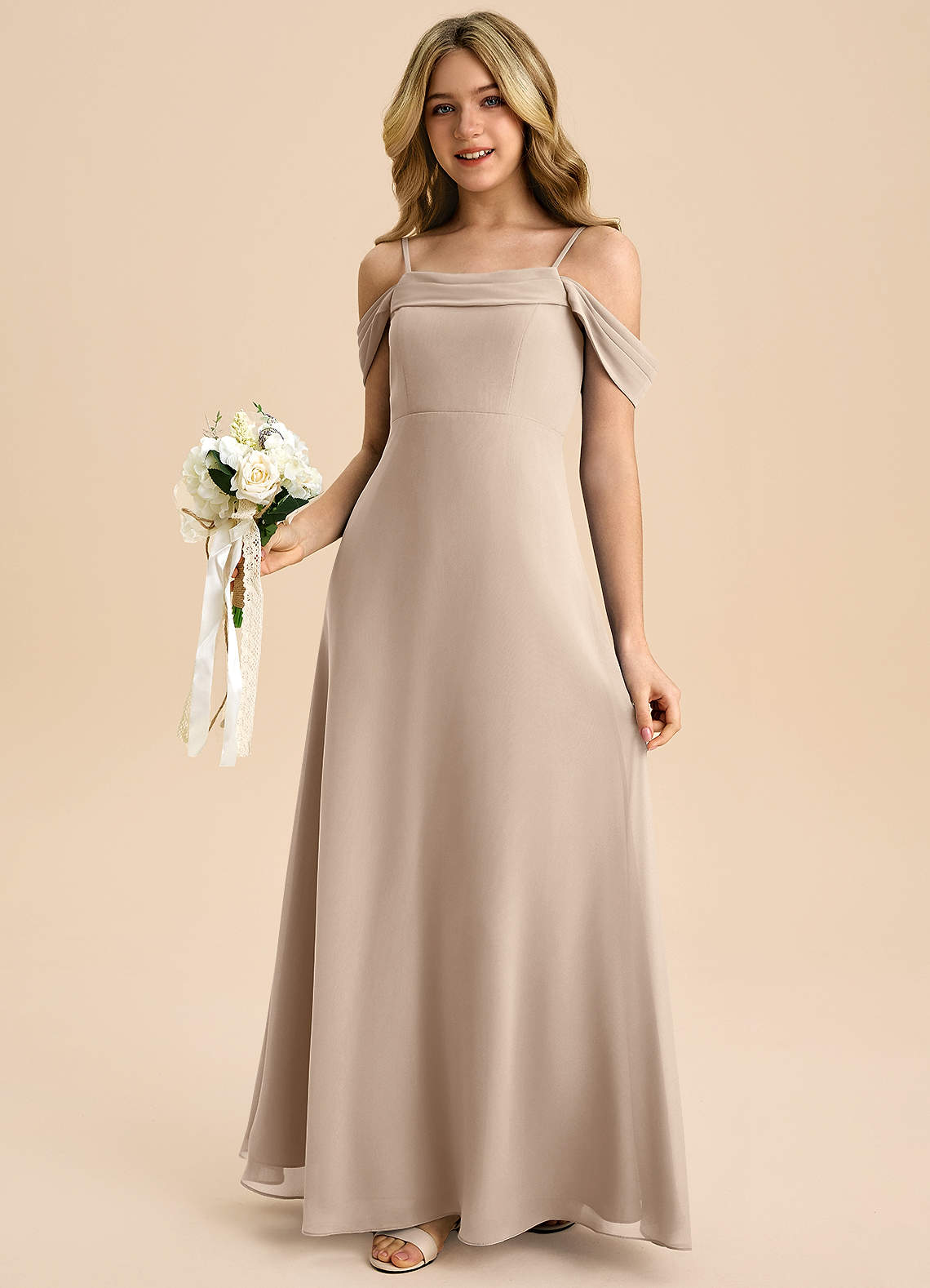Azazie Anselie Junior A-Linie Schulterfrei Chiffon Kleid Taupe image3