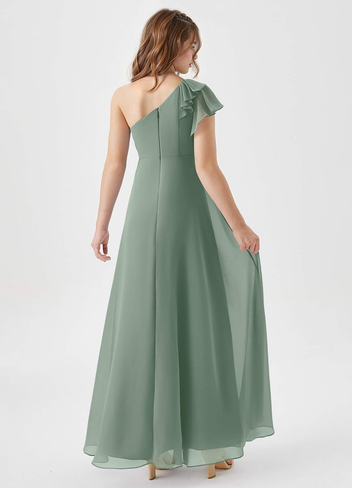 Azazie Arabella Junior Vestido Sálvia Prateada de Chiffon de Linha A com Franzido image1