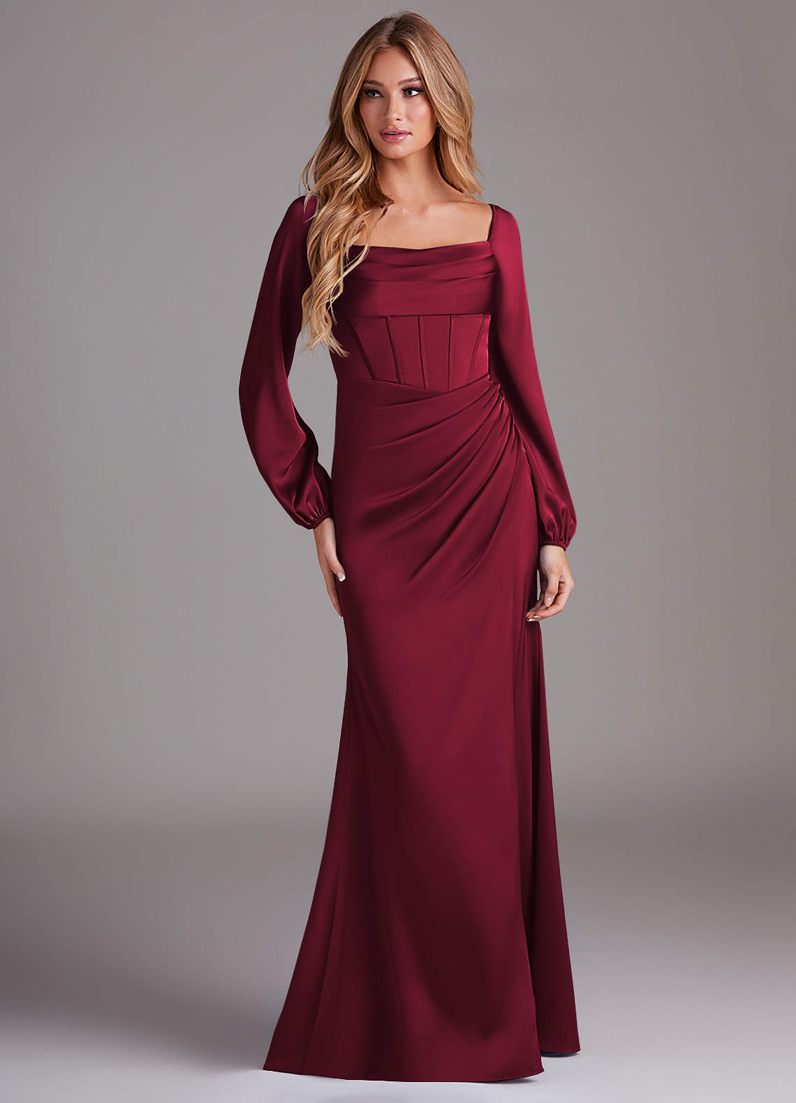 Azazie Charissa Bridesmaid Dresses Burgundy Sheath Long Sleeve Stretch Satin Dress image2