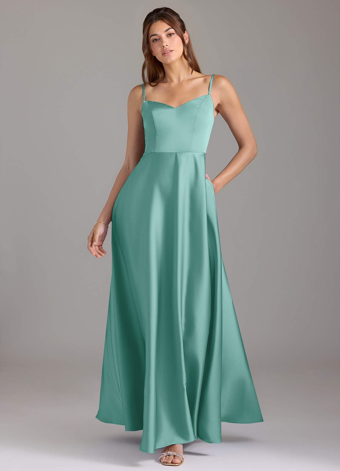Azazie Marley Bridesmaid Dresses Aqua A-Line Off the Shoulder Stretch Satin Convertible Dress image1