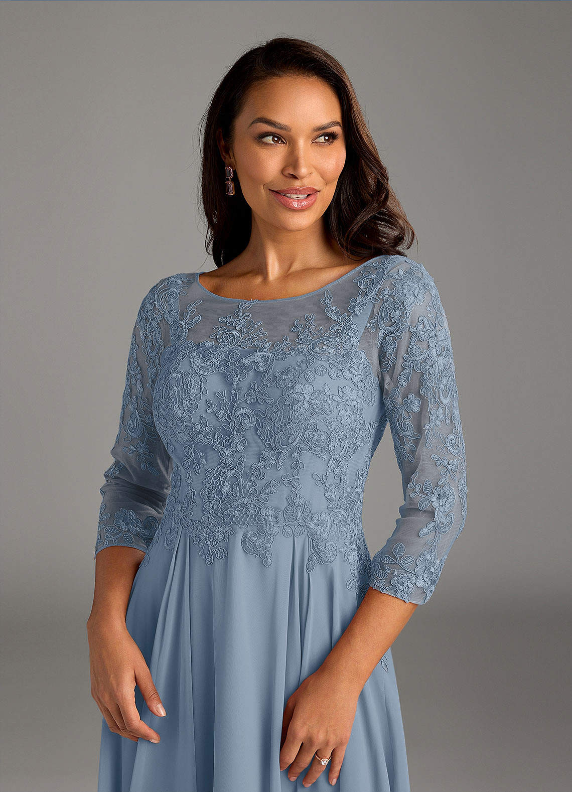 Azazie Marge Mother of the Bride Dresses Dusty Blue A-Line Scoop Lace Chiffon Dress image4