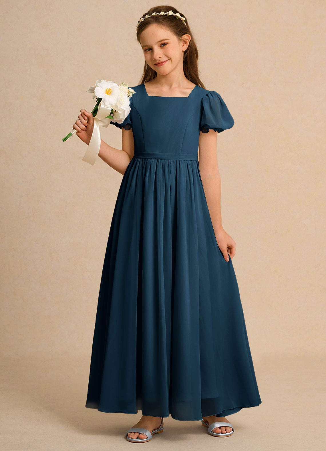 Azazie Lilia Girls Formal Dark Navy A-Line with Sleeves Chiffon Dress
