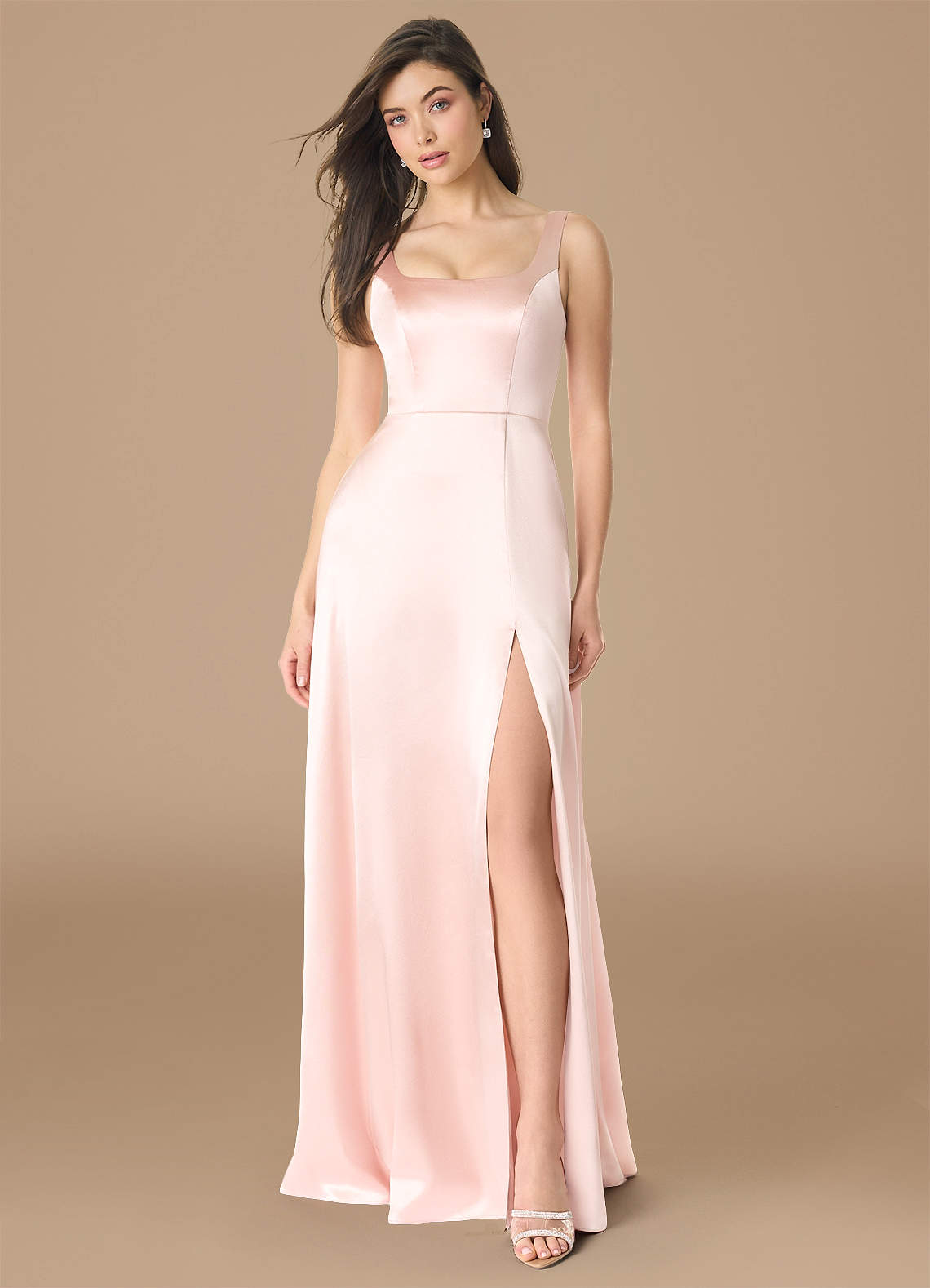 Azazie Joyce Robes de demoiselle d'honneur Robe Trapèze en Satiné métallisé Fente Latérale Or Rose image1