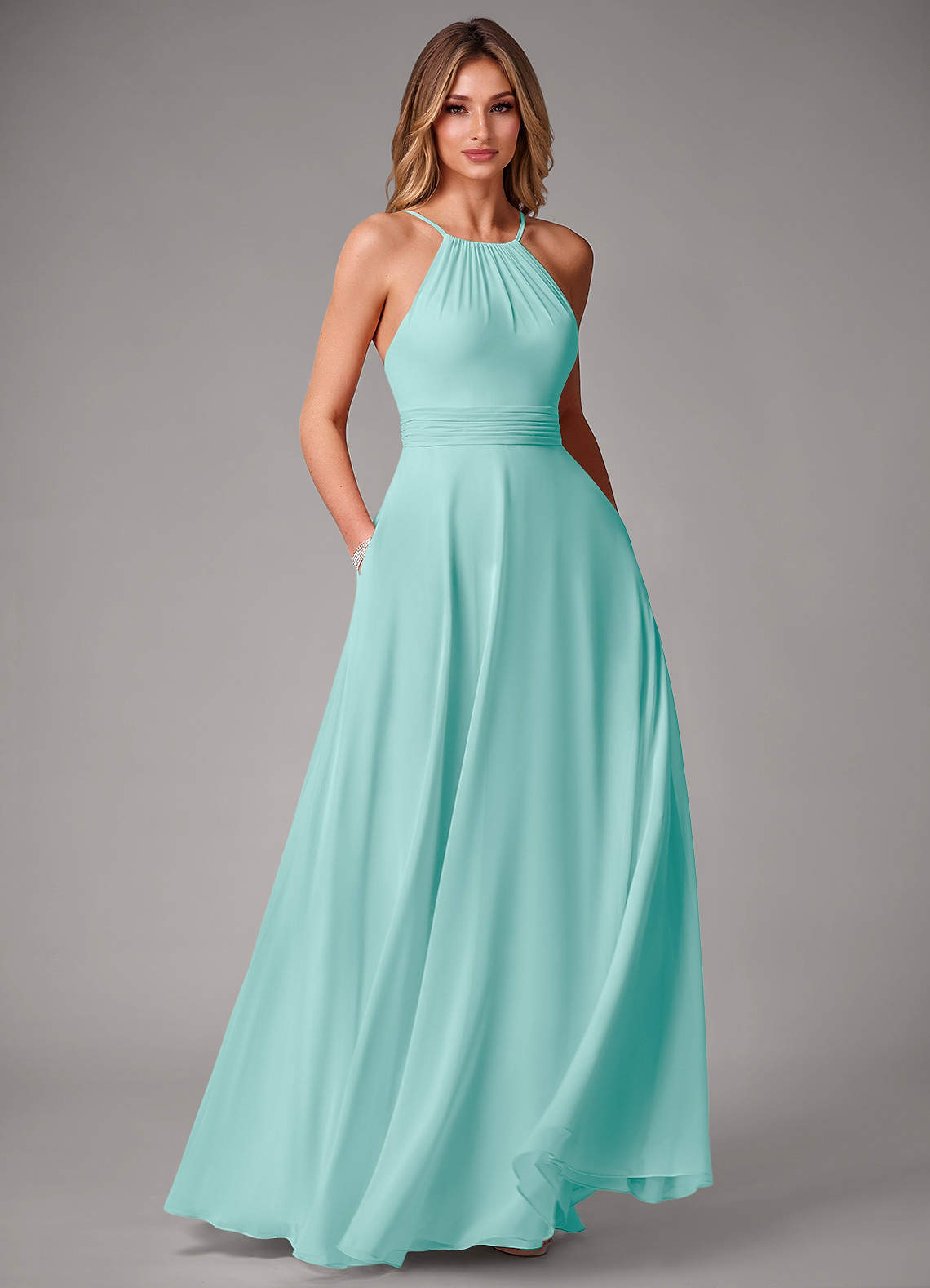 Azazie Amalia Bridesmaid Dresses Aqua A-Line Pleated Chiffon Dress image1