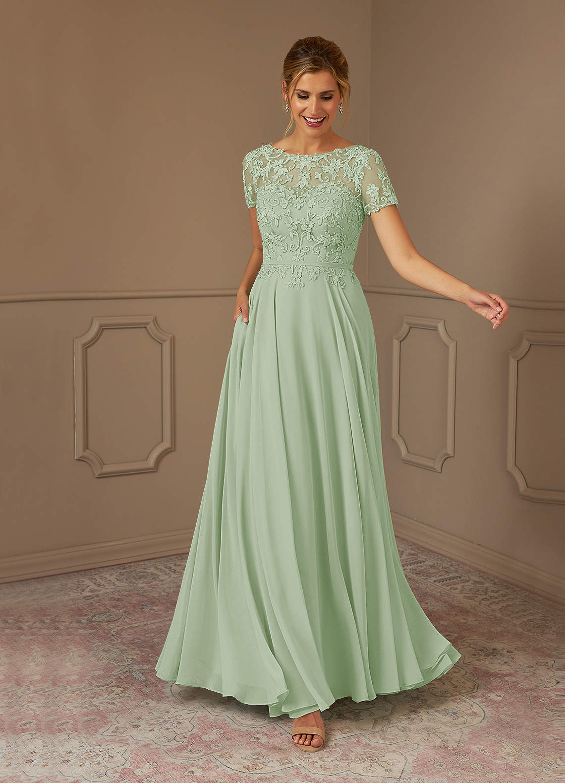 Azazie Adina Mother of the Bride Dresses Dusty Sage A-Line Boatneck Sequins Chiffon Dress image1