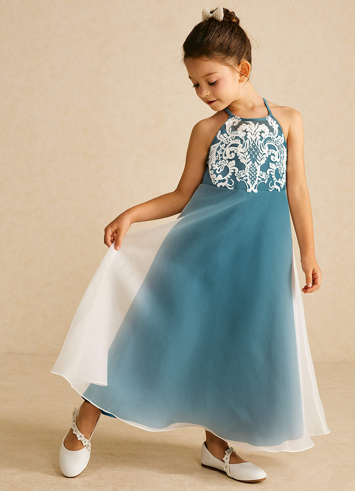 Azazie Ladybug Final Sale Blushing Pink A-Line Lace Organza Dress image1